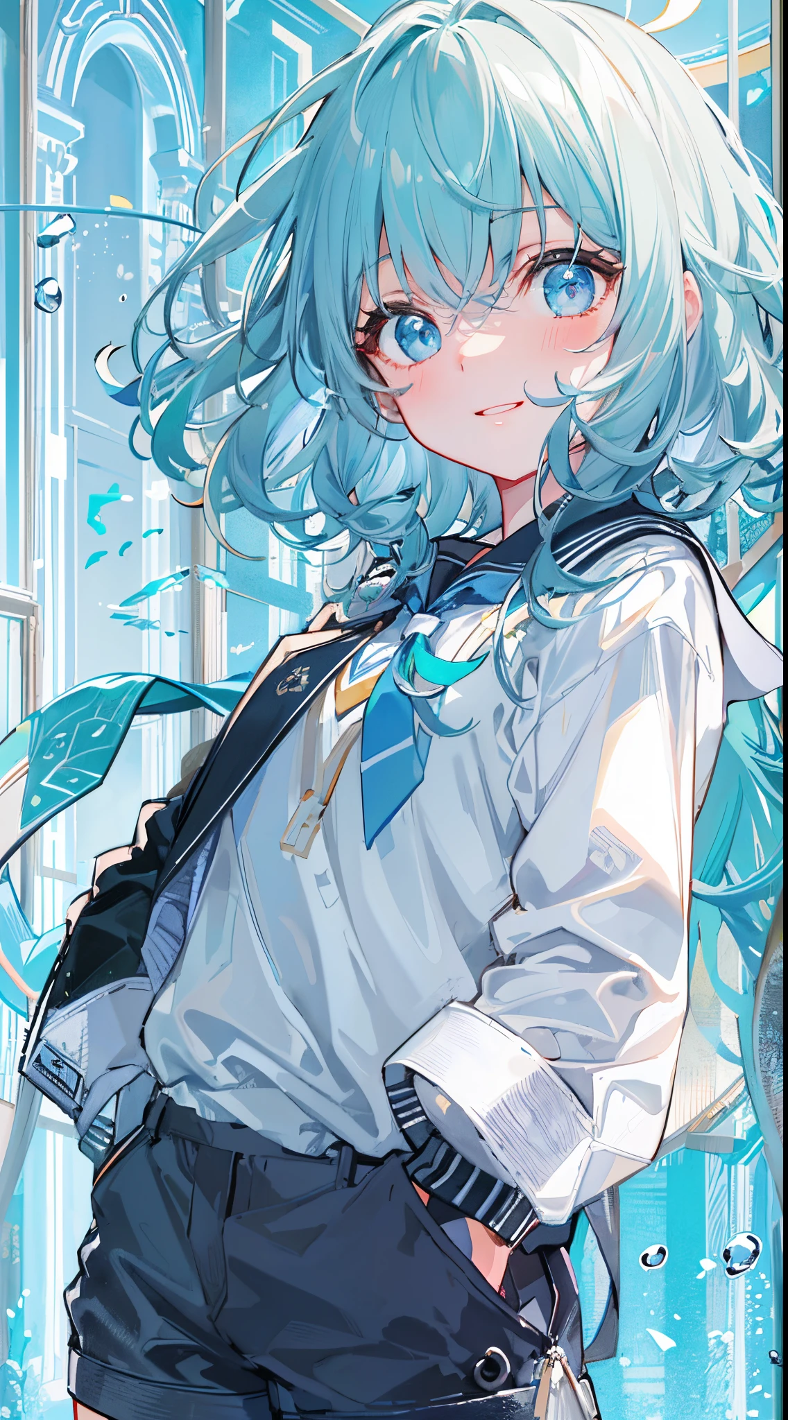 ((top-quality)), ((masterpiece)), ((ultra-detailliert)), (Extremely delicate and beautiful), girl with, 独奏, full body Esbian、cold attitude,((Black jacket)),She is very(relax)with the(Settled down)Looks, depth of fields,Evil smile,Bubble, under the water, Air bubble,bright light blue eyes,inner color with bright gray hair and light blue tips,,,,Cold background,Shorthair、bobhair、linear art, shortpants、knee high socks、White uniform like school uniform、((female high-school student)),Light blue ribbon ties、Clothes are sheer、Hands in pockets、Bright eyes like sapphire,Fronllesse Blue, A small blue light was floating、fantastic eyes, Looking from above、looking down at the person watching
