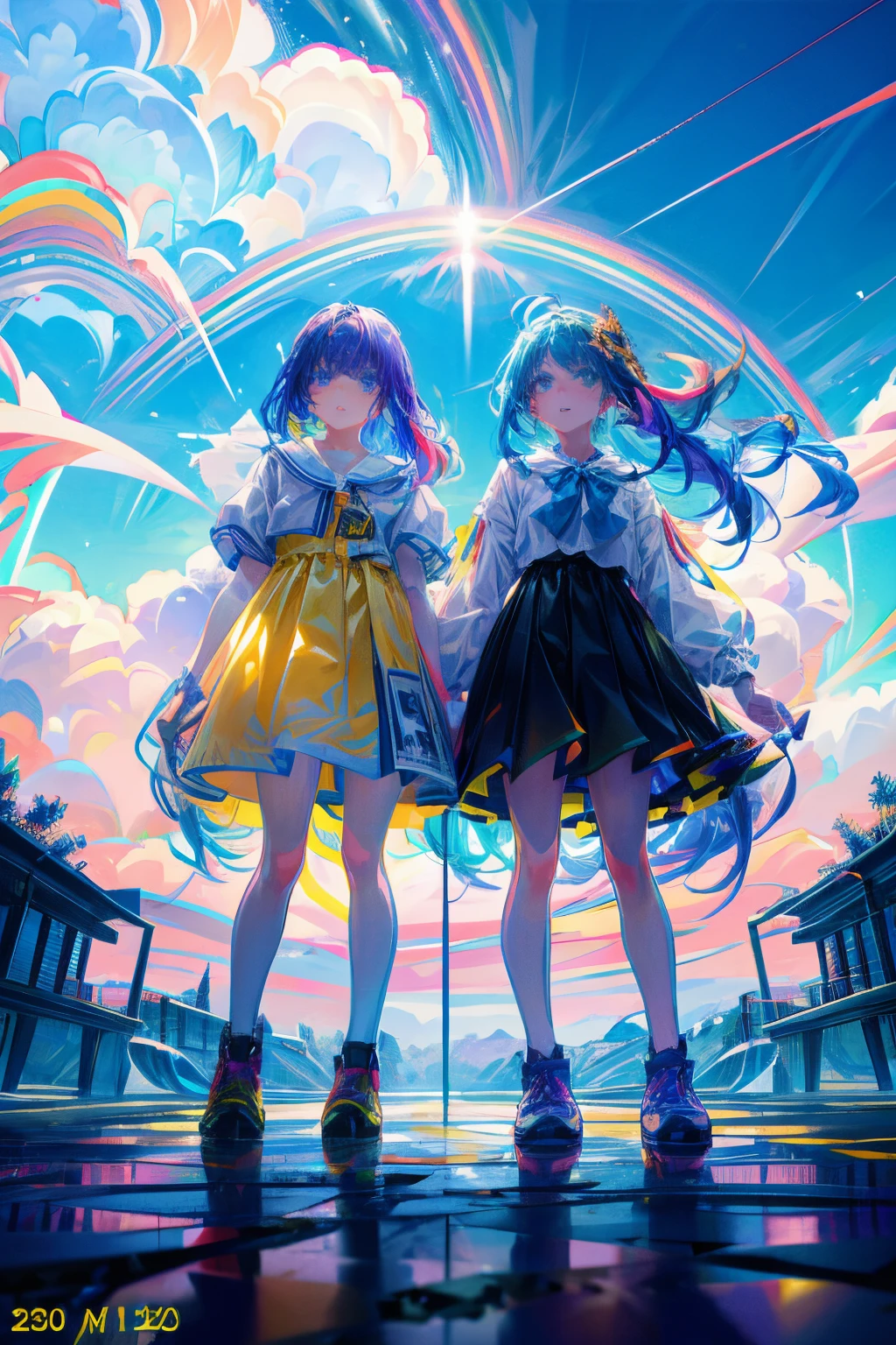 Rainbow on background、Irridescent color、colourfull、blue open sky、Colorful world、has a rainbow weapon、top-quality、超A high resolution、(Photorealsitic:1.4)、Female 1 Person、(Kpop Idle)、(attractiveness:1)、(rainbow hair:1)、((Puffy eyes))、Look at the viewer、full body Esbian、Facing the front