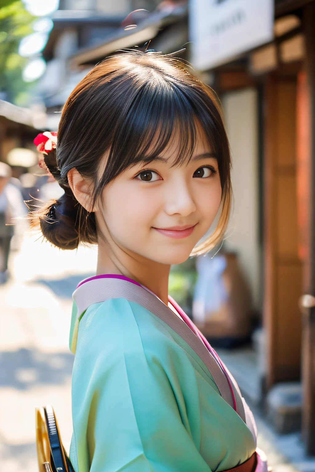 ((1 japanese age girl)), Ethereal beautiful, slim, Petite, Soft light, ((David Hamilton Style)), closeup picture, masutepiece, Best Quality, Photorealsitic, 8K, High resolution, Detailed skin, 8K UHD, Digital SLR, Soft lighting, High quality, Film grain, FUJI XT3, Full body, In the Kyoto city, standing, Photo from the waist up、(wearing cute and short Japanese_KIMONO), smile, (The background is Kyoto_street),Photo from the front、Both face and body are facing the viewer、