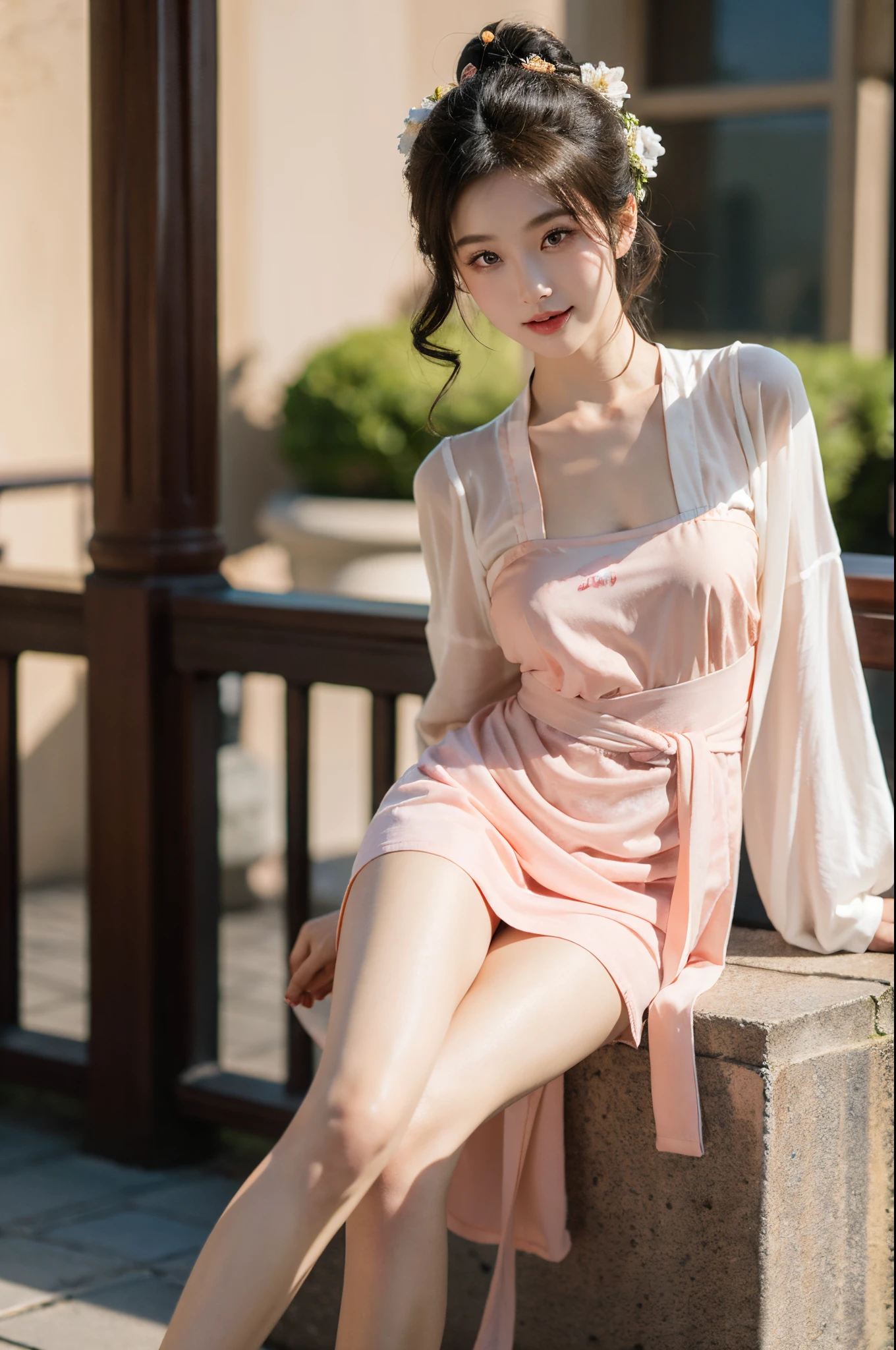 ((The upper part of the body)), Shoot from a random angle, ancient chinese beauti, On the stone tower, leaning against the railing, Posing for photos, ellegance, Dignified, Slim, Slimming the waist, curlies, period clothing, Hanfu, Tang suit, Pink and white dress, cropped shoulders, Chinese style, Flower, patterned, high-waist, nice belt, coiffed blonde hair, warmly lit, Warm toned slender legs, Cross ed leg, natta, rays of moonlight, warmly lit, Warm color palette, dynamicposes, Pose gracefully, Blonde hair, Striped hair, hair adornments, heart - shaped pupils, cosmetics, light  smile, the shy, Lick lip, romanticism lain, Social realism, lightand shade contrast, motionblur, anaglyph, Sony FE General Manager, hyper HD, tmasterpiece, ctextured skin, super detailing, Best quality at best