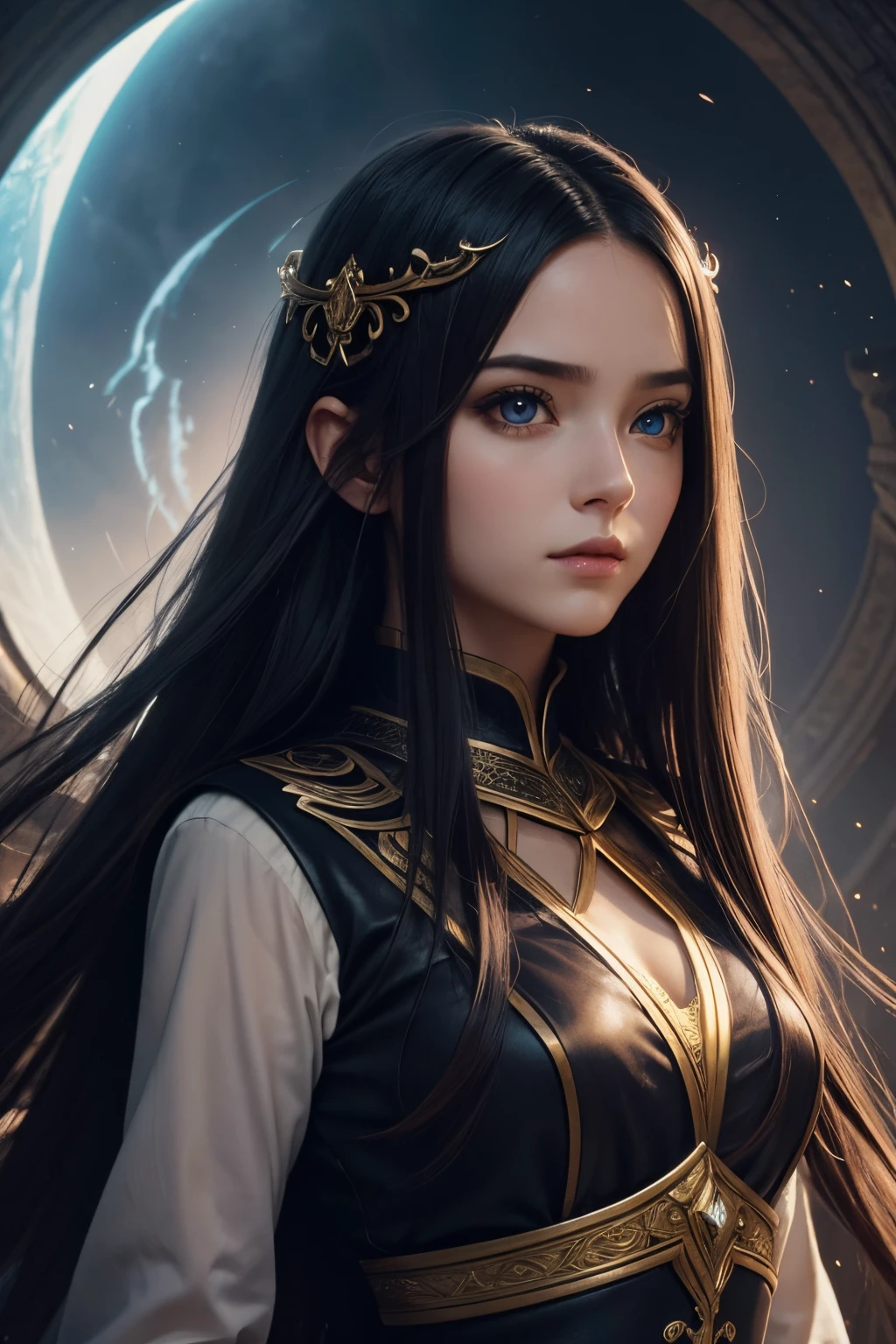Stunning fantasy a beautiful girl long flowing hair, symmetrical face, symmetrical eyes, looks at the camera, cinematic shot, cinematic scene, stunning, breathtaking, a sense of magic in the air, magical fantasy, diffused lighting