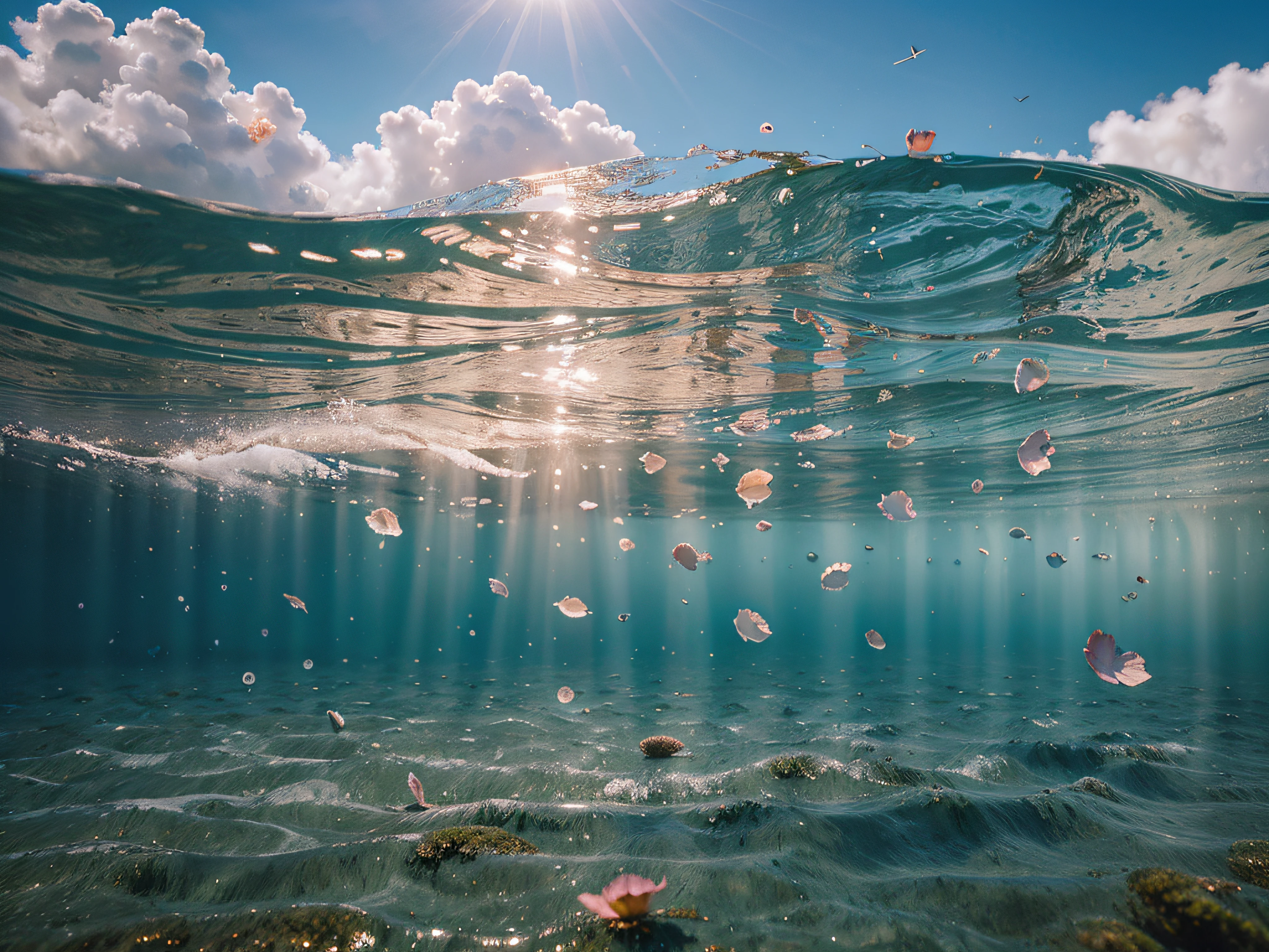 Oceano, large flowers floating on the surface, cores e formas, para publicidade de perfume, rose petals hovering in the air, super-realista, detalhes, luz do sol, caustics in water, primeiro plano, blue skies, nuvens brancas,