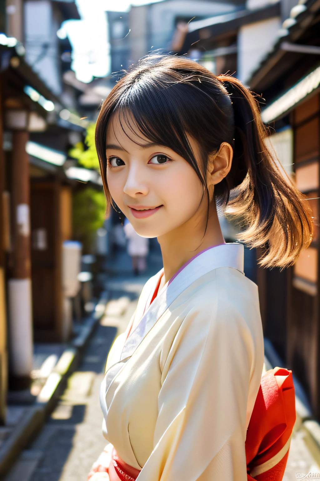 ((1 japanese teenage girl)), Ethereal beautiful, slim, Petite, Soft light, ((David Hamilton Style)), closeup picture, masutepiece, Best Quality, Photorealsitic, 8K, High resolution, Detailed skin, 8K UHD, Digital SLR, Soft lighting, High quality, Film grain, FUJI XT3, Full body, In the Kyoto city, standing,　Photo from the waist up、(wearing cute and short Japanese_KIMONO), smile, (The background is Kyoto_street),Both face and body are facing the viewer、