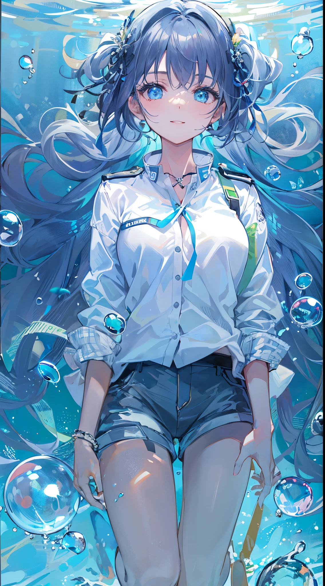 ((top-quality)), ((masterpiece)), ((ultra-detailliert)), (Extremely delicate and beautiful), girl with, 独奏, full body Esbian、cold attitude,((Black jacket)),She is very(relax)with the(Settled down)Looks, depth of fields,Evil smile,Bubble, under the water, Air bubble,bright light blue eyes,inner color with bright gray hair and light blue tips,,,Cold background,Shorthair、bobhair、linear art, shortpants、knee high socks、White uniform like school uniform、((female high-school student)),Light blue ribbon ties、Clothes are sheer、Hands in pockets、Bright eyes like sapphire,Fronllesse Blue, A small blue light was floating、fantastic eyes, Looking from above、looking down at the person watching