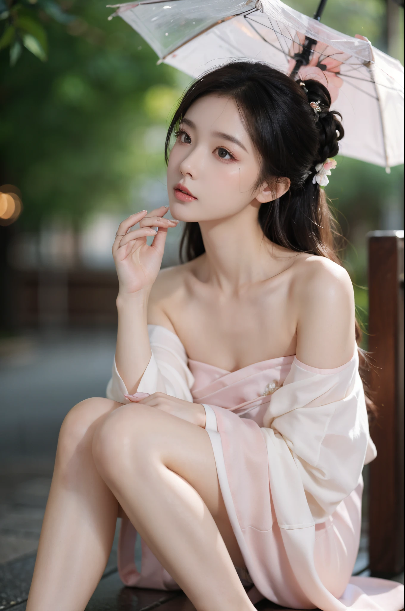 ((knee shot)), ((from below)), randome pose, Random scenes, mix4,(8K, RAW photo, Best quality, Masterpiece:1.2), (Realistic, photo-realistic:1.37),1girll,Cute,Cityscape, Night, rain, Wet, Professional lighting, フォトンマッピング, ラジオシティ, Physically-based rendering, hanfu, Pink and white dress, cropped shoulders, high-heels, top quality picture, high resolution, 1080p, (Clear face), (Detailed facial description), (Detailed hand description), (Masterpiece), (exquisite CG), Extreme light and shadow, Messy hair, Master's work, rich details, (Fine facial features), (highest quality picture), (Masterpiece), (Detailed eyes),Look ahead with your eyes,fine collar bone, Heavy makeup, Gorgeous makeup