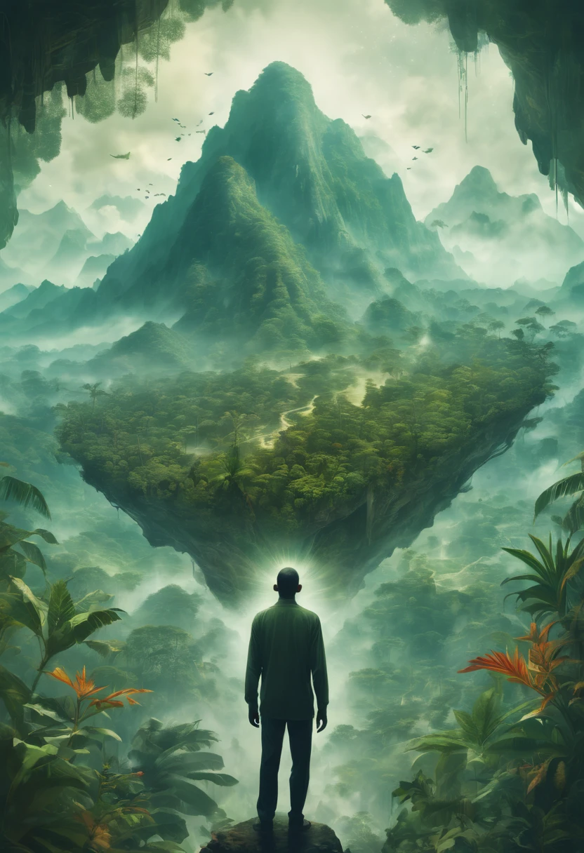 Dubrec style,Transparent person avatar,Jungle mountains image foreground,(multiple exposure:1.8),Complex illustrations in surrealist art style,Surreal dreams