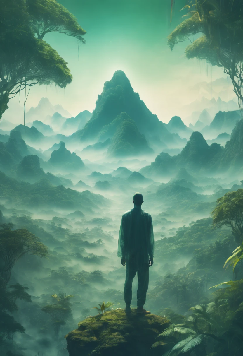 Dubrec style，Transparent person avatar，Jungle mountains image foreground，（multiple exposure：1.8），Complex illustrations in surrealist art style，Surreal dreams