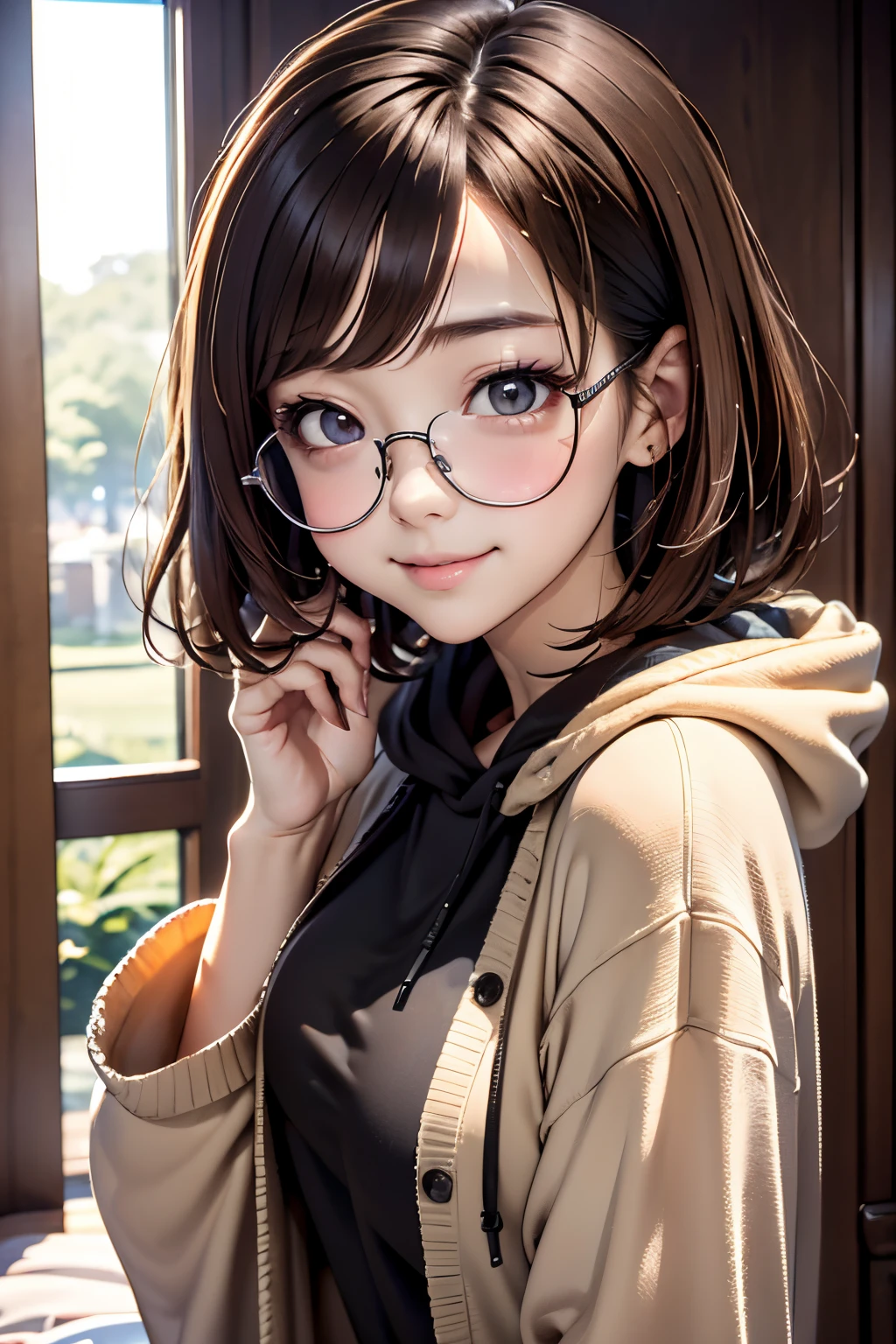 ((Beauty like a model)), ​masterpiece, The highest image quality, ultra-detailliert,  ((Perfect face+Brown hair)), Close up of, Short bob hair,Wolfcut,Viewer's Perspective, detailed hairs、Detailed eyes(realisticeyes),profetional lighting,middlebreasts,(Brown eyes),(Big Black Hoodie),(slenderbody:1.2),adult lady,About 28 years old,glamor,kindly smile,Half Girl,Lashes,二重まぶた,Black 7-Minute Sleeve Shirt,Black square glasses ,