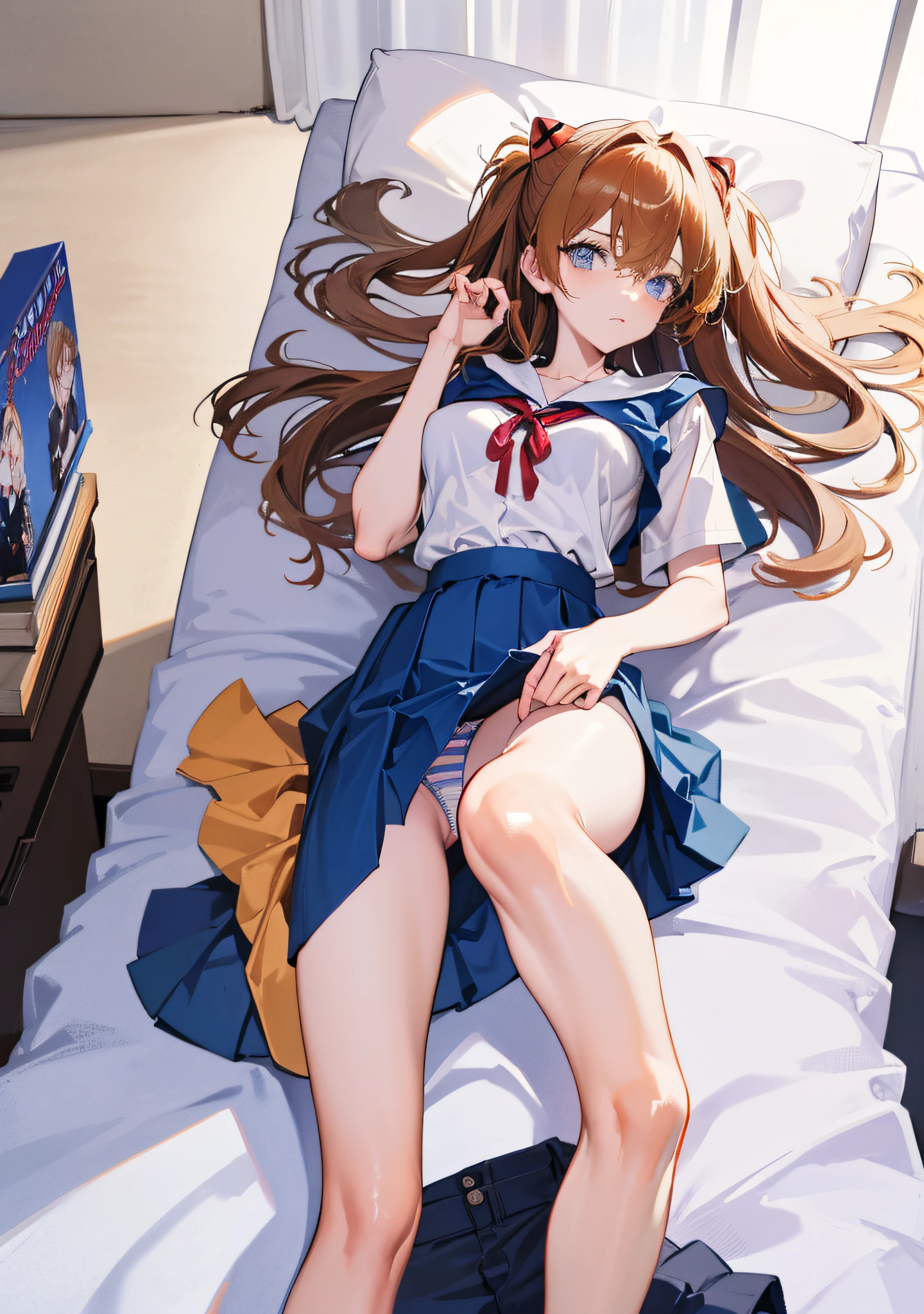Asuka Langley Soryu,Blue eyes,hair between eye,headware,Interface headset,Orange hair,Red Ribbon、bow ribbon、校服、skirt by the、Slip Dress、Slip Dress、Tokyo No. 3 School Uniforms、,Storytelling images、Show your pants、Anime girl lying in bed, Seductive Anime Girl、 Detailed Digital Anime Art, ig model | ArtGerm, clean detailed anime art、Show off panties、erectile nipple、look from down、(Lifting skirt、I can see panties:1.2)、thighs thighs thighs thighs、(Navel Ejection:0.4)、dynamicposes、
