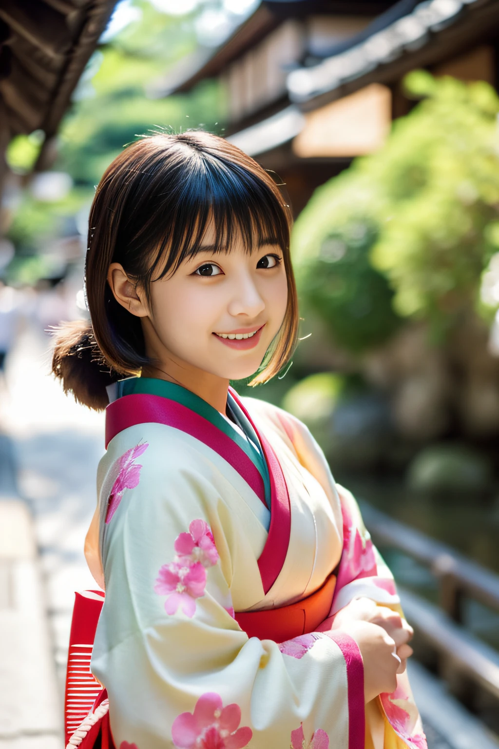 A very cute face like an idol、like々A 19-year-old woman with a cute face、Gentle and cute、A kind smile、(((A cute, long-sleeved, pink traditional Japanese yukata)))、(Japanese festivals)、((Full body portrait))、((Her chest is exposed))、RAW Photos、Genuine、High resolution