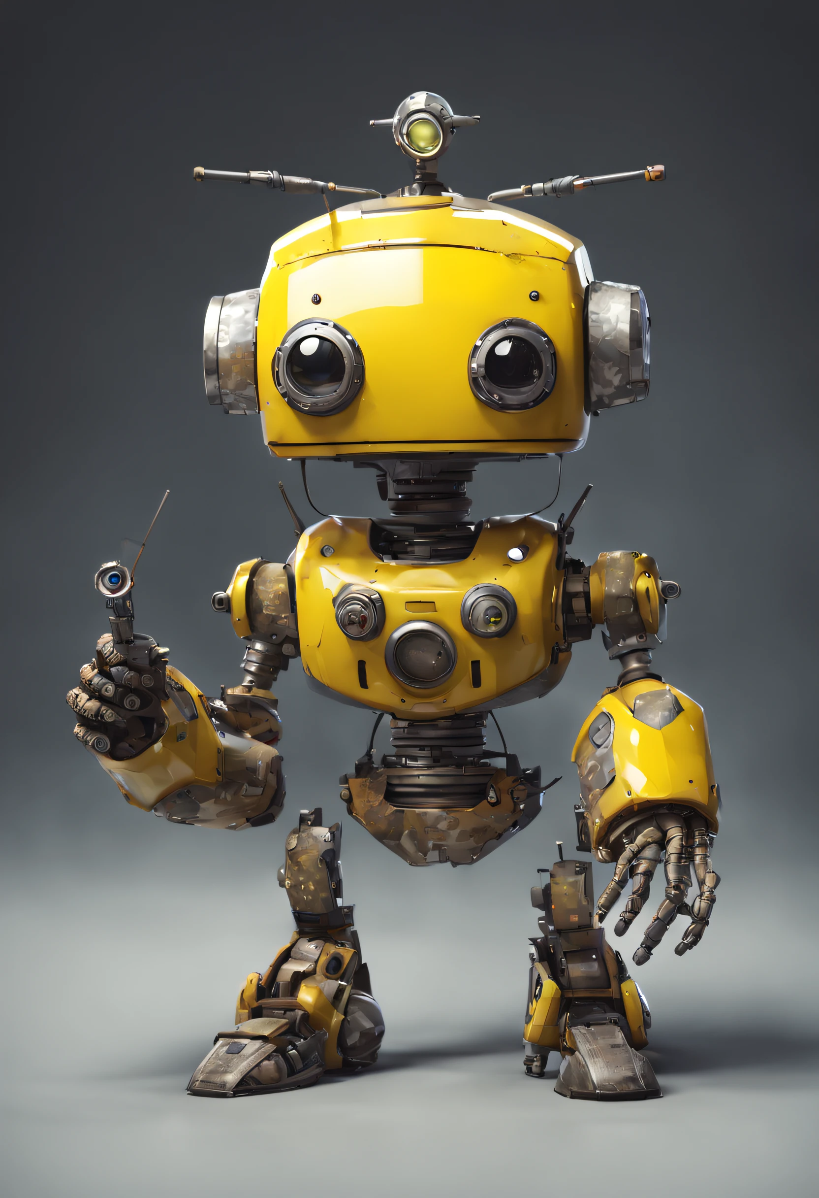 A Modern flat toon Crazy whit a Big ONE a Only Eye Robot and helmet Style, tongs in hands, Tv head, pinhead, camouflage yellow white Pibnk Rusty, Ambient in a meteorite crater super detailed, center, beautiful, soft lighting, focused on the character, 4K resolution, photorealistic rendering,