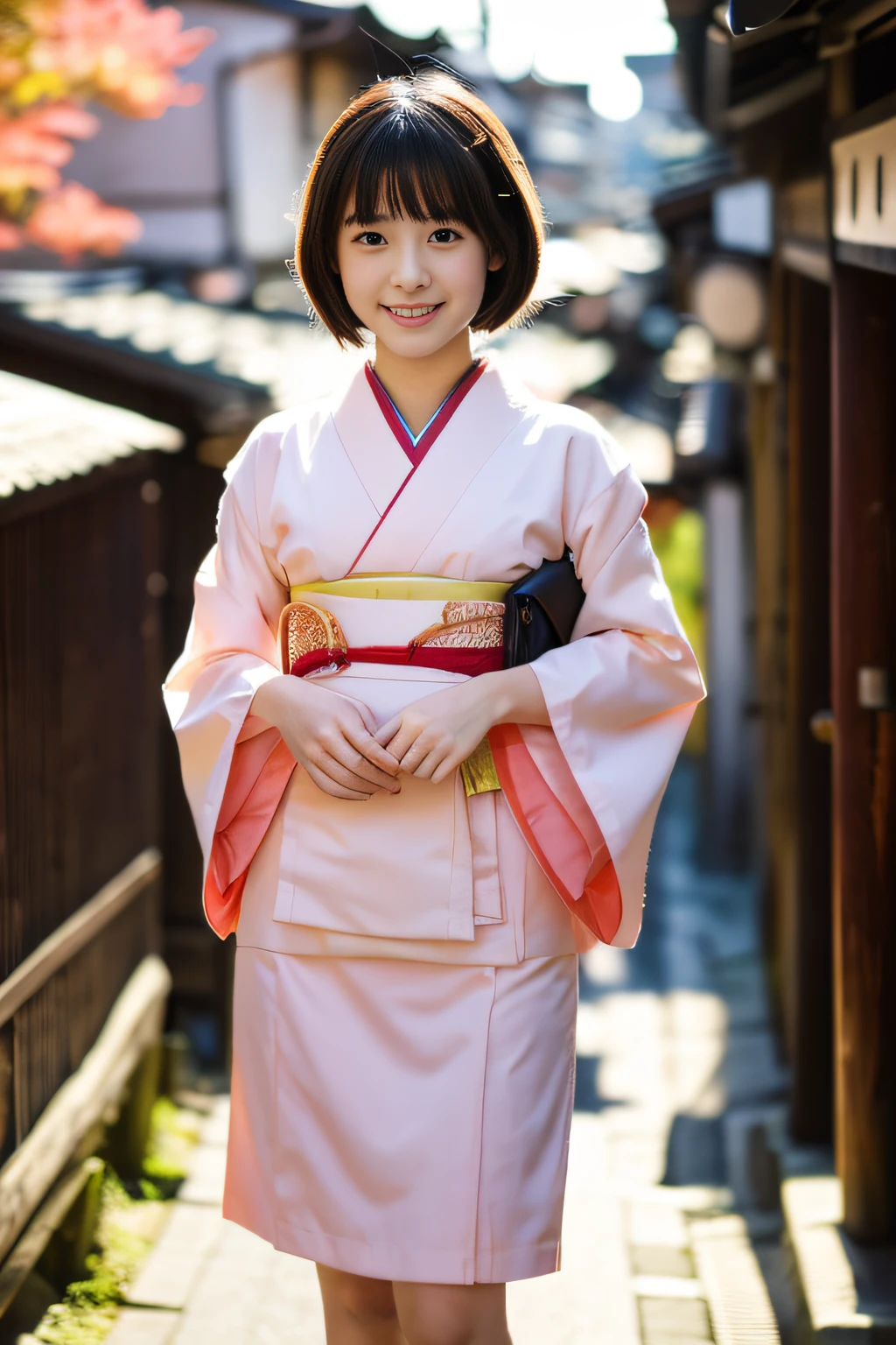 ((1 japanese teenage girl)), Ethereal beautiful, slim, Petite, Soft light, ((David Hamilton Style)), closeup picture, masutepiece, Best Quality, Photorealsitic, 8K, High resolution, Detailed skin, 8K UHD, Digital SLR, Soft lighting, High quality, Film grain, FUJI XT3, Full body, In the Kyoto city, standing, Photo from the waist up、(wearing cute and short Japanese_KIMONO), smile, (The background is Kyoto_street), (Both face and body are facing the viewer:1.4)、The chest of the kimono is wide open.、 Kimono is coming off、Underwear is visible、