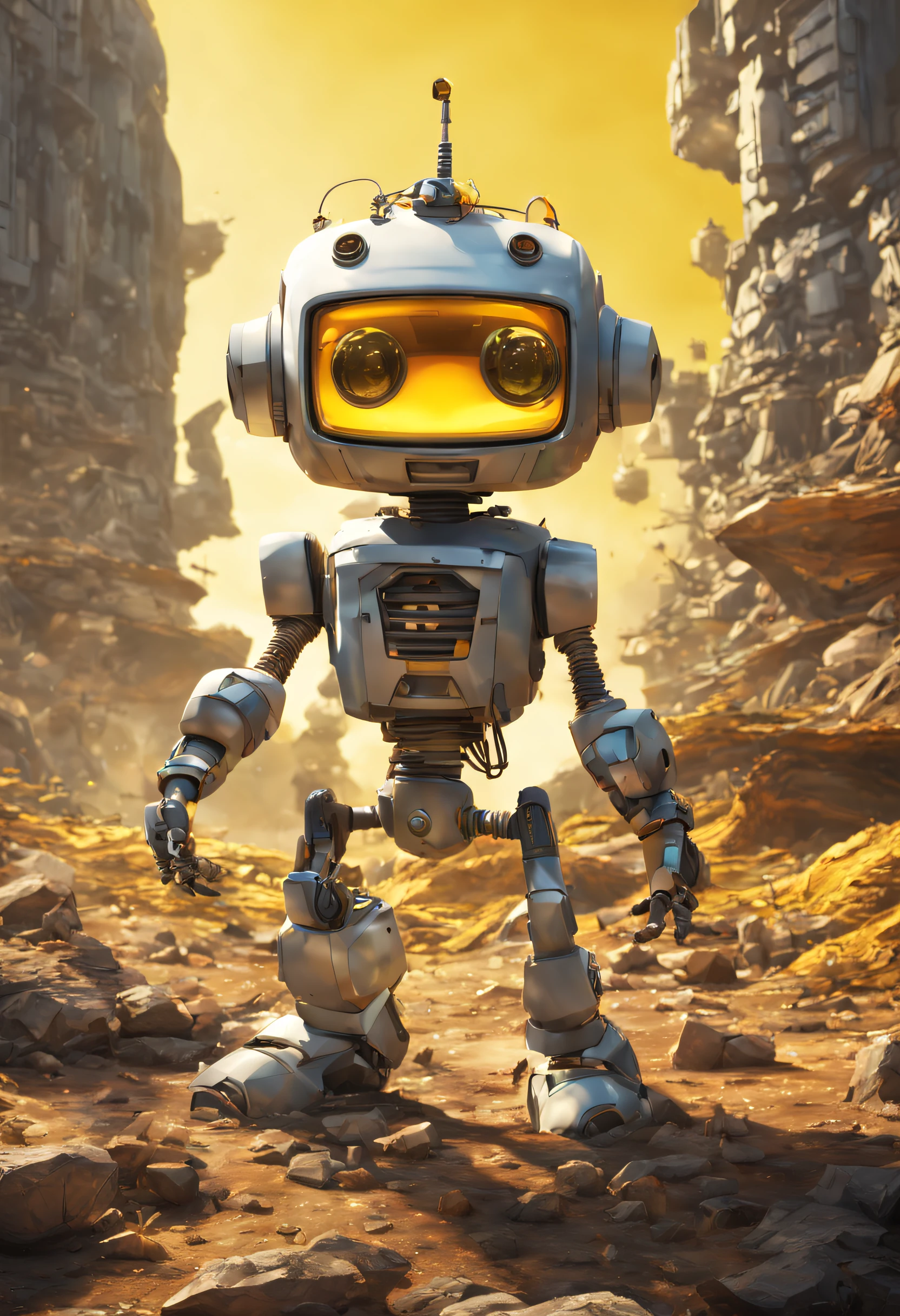 A Modern flat toon Crazy whit a Big ONE a Only Eye Robot and helmet Style, tongs in hands, Tv head, pinhead, camouflage yellow white Pibnk Rusty, Ambient in a meteorite crater super detailed, center, beautiful, soft lighting, focused on the character, 4K resolution, photorealistic rendering,