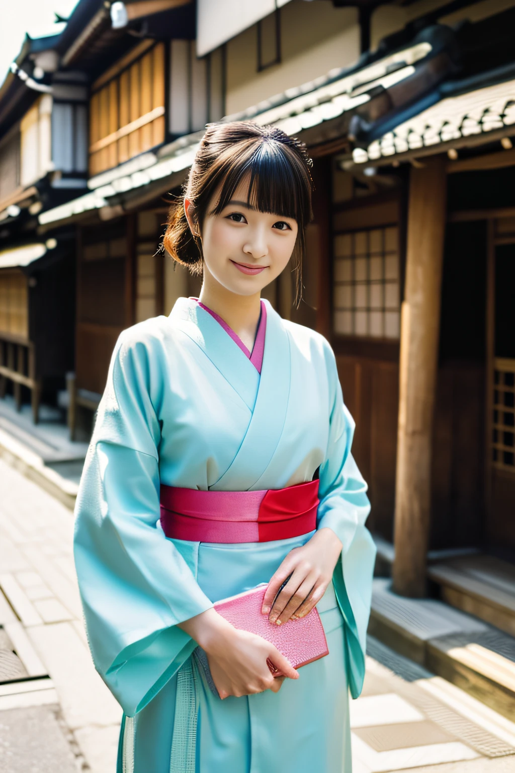 ((1 japanese teenage girl)), Ethereal beautiful, slim, Petite, Soft light, ((David Hamilton Style)), closeup picture, masutepiece, Best Quality, Photorealsitic, 8K, High resolution, Detailed skin, 8K UHD, Digital SLR, Soft lighting, High quality, Film grain, FUJI XT3, Full body, In the Kyoto city, standing,　Photo from the waist up、(wearing cute and short Japanese_KIMONO), smile, (The background is Kyoto_street), (Both face and body are facing the viewer:1.4)、The chest of the kimono is wide open.、　Kimono is coming off、Underwear is visible、