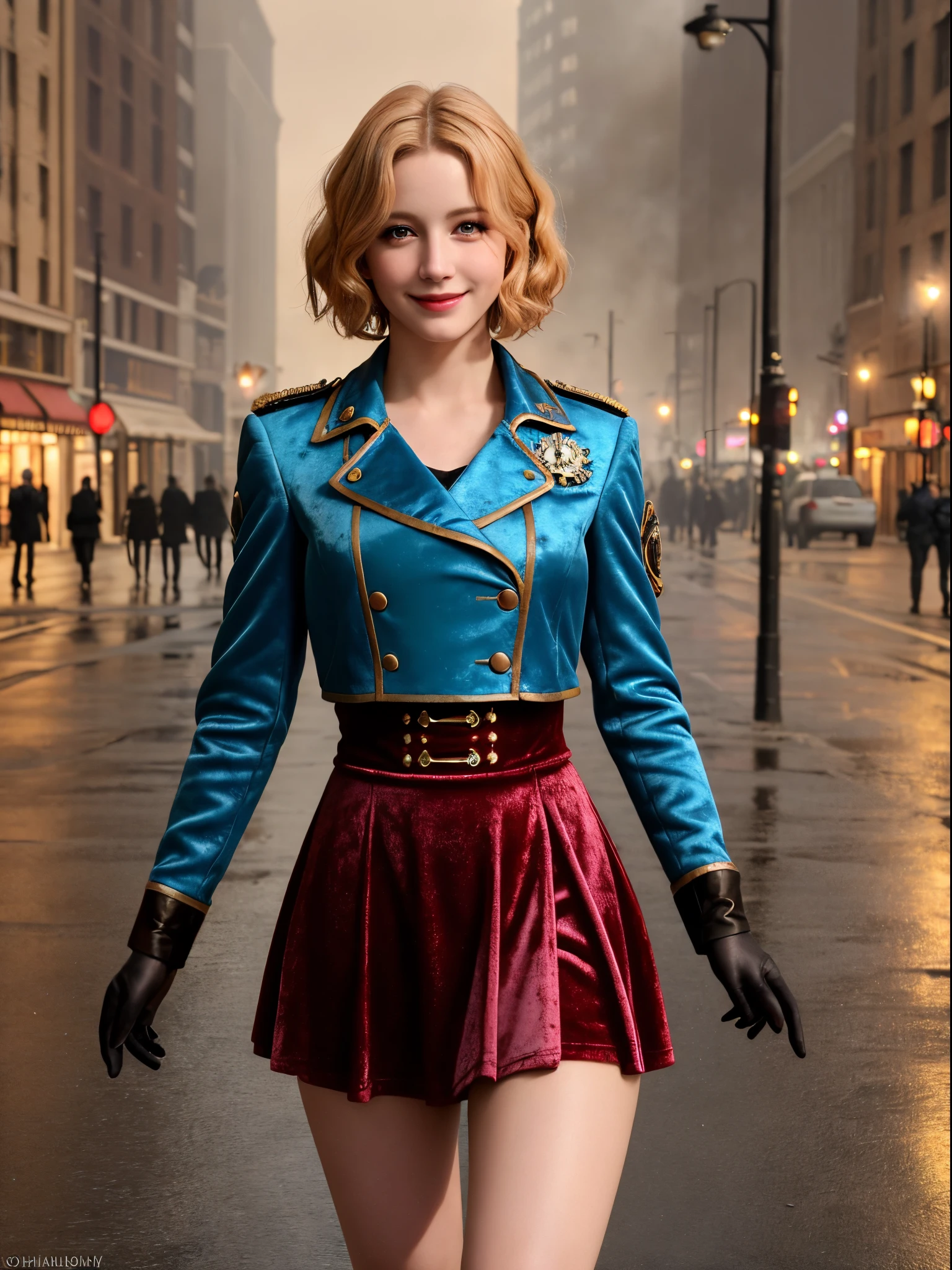 Realistic, Photorealistic, high quality, raw photo, depth of field, 35mm, film grain, analog photo style, isometric, bottom view, beautiful woman, (standing on steam urban street), short golden hair, (realistic steampunk velvet azure military jacket and very short skirt), vibrant color details, dynamic composition, vintage aesthetic, Intensed eyes, cute sexy, pleasure, deep shadows, cinematic light, little smiling, spotlight, extremely detailed