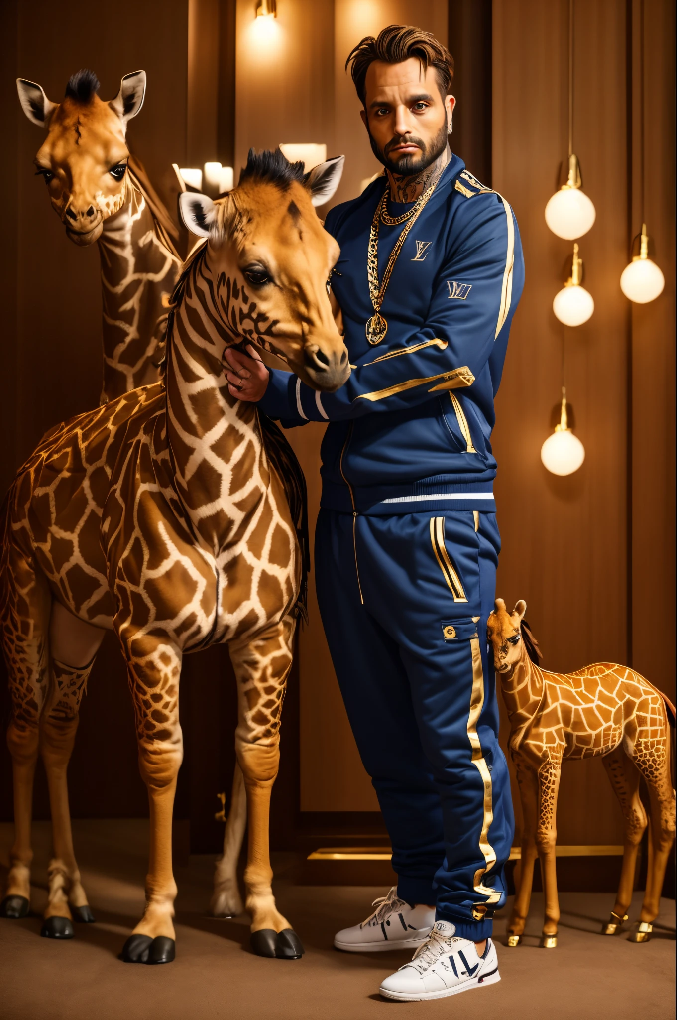 a man in a louis vuitton track suit wearing alot of gold rings, tattoos on hands and neck. next to the man is a miniature giraffe that is the size of a larg dog wearing a gold collar. hd 4k, 8k, realistic,