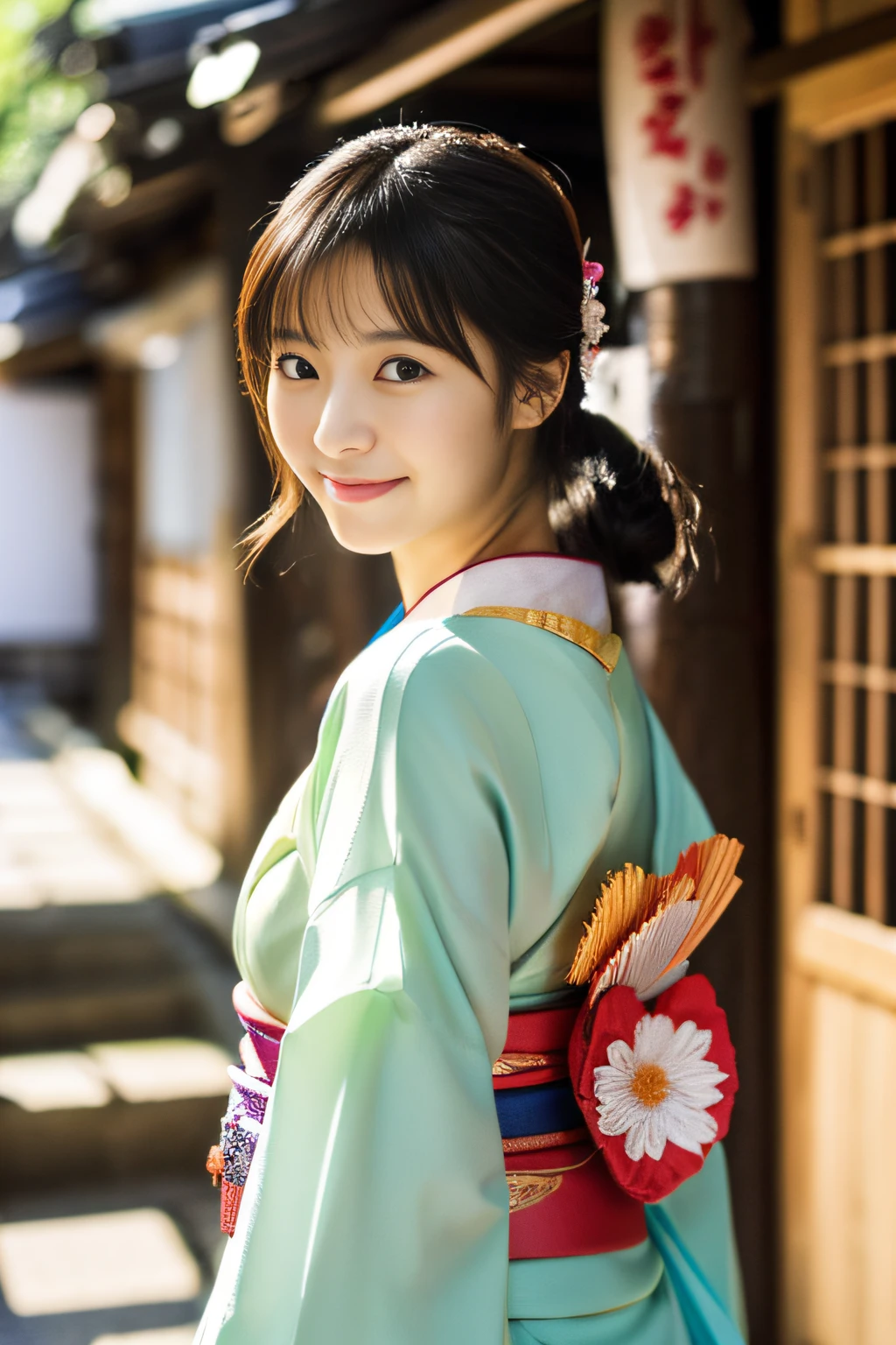 ((1 japanese teenage girl)), Ethereal beautiful, slim, Petite, Soft light, ((David Hamilton Style)), closeup picture, masutepiece, Best Quality, Photorealsitic, 8K, High resolution, Detailed skin, 8K UHD, Digital SLR, Soft lighting, High quality, Film grain, FUJI XT3, Full body, In the Kyoto city, standing, Photo from the waist up、(wearing cute and short Japanese_KIMONO), smile, (The background is Kyoto_street), (Both face and body are facing the viewer:1.4)、The chest of the kimono is wide open.、 (Kimono is coming off:1.2)、(Underwear is visible:1.2)、