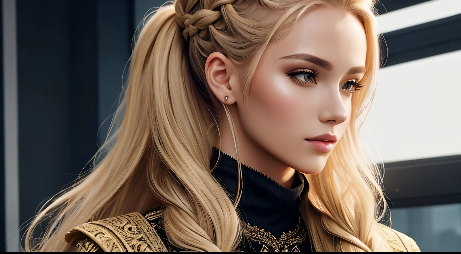 a blonde girl is wearing a black top and a giant hair bun, 1girl, solo, blonde hair, portrait, looking at viewer, realistic, braid, choker, well-thought-out long hairstyle, Futuristic hairstyle, beautiful futuristic hairstyle, intricate hair, Complicated hair worn out, intricate hairstyle, Compound hair, Styled hair, Detailed intricate strands of hair, Complex hairstyles, complex hair design, carefully braided hair, Unique hair design, ornate hair, Elegant fantasy braids