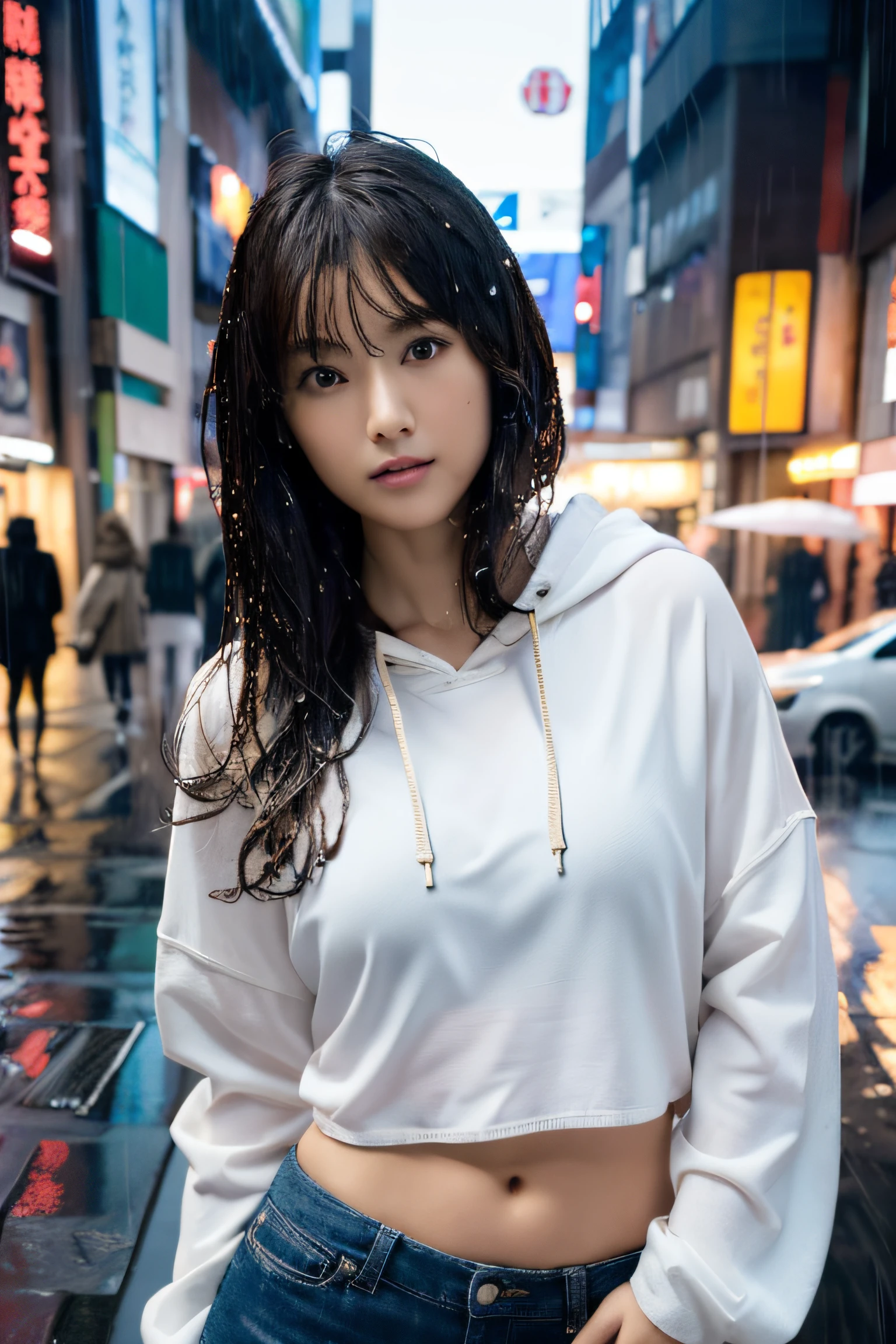 (masterpiece:1.2), ultra detailed, ultra high res, (realistic, photo realistic:1.37), high detail RAW color photo, professional photograph, an extremely delicate and beautiful, extremely detailed, 8k wallpaper, Amazing, finely detail, huge file size, extremely detailed beautiful girl, extremely detailed face, extremely detailed eyes, extremely detailed skin, extremely detailed fingers, highly detailed nose, highly detail mouth, Perfect Anatomy, Highly detailed background, (a famous actress of Japan:1.2), (gals:1.5), (flat chest:1.1), brown race, dark skin, (blonds hair:1.1), (heavy rain:1.3), (wet skin, wet hair, wet cloth:1.2), hoodie, hood up, (hot pants:1.2), downtown, dynamic lighting, full body, any pose, (midriff peek:1.2)