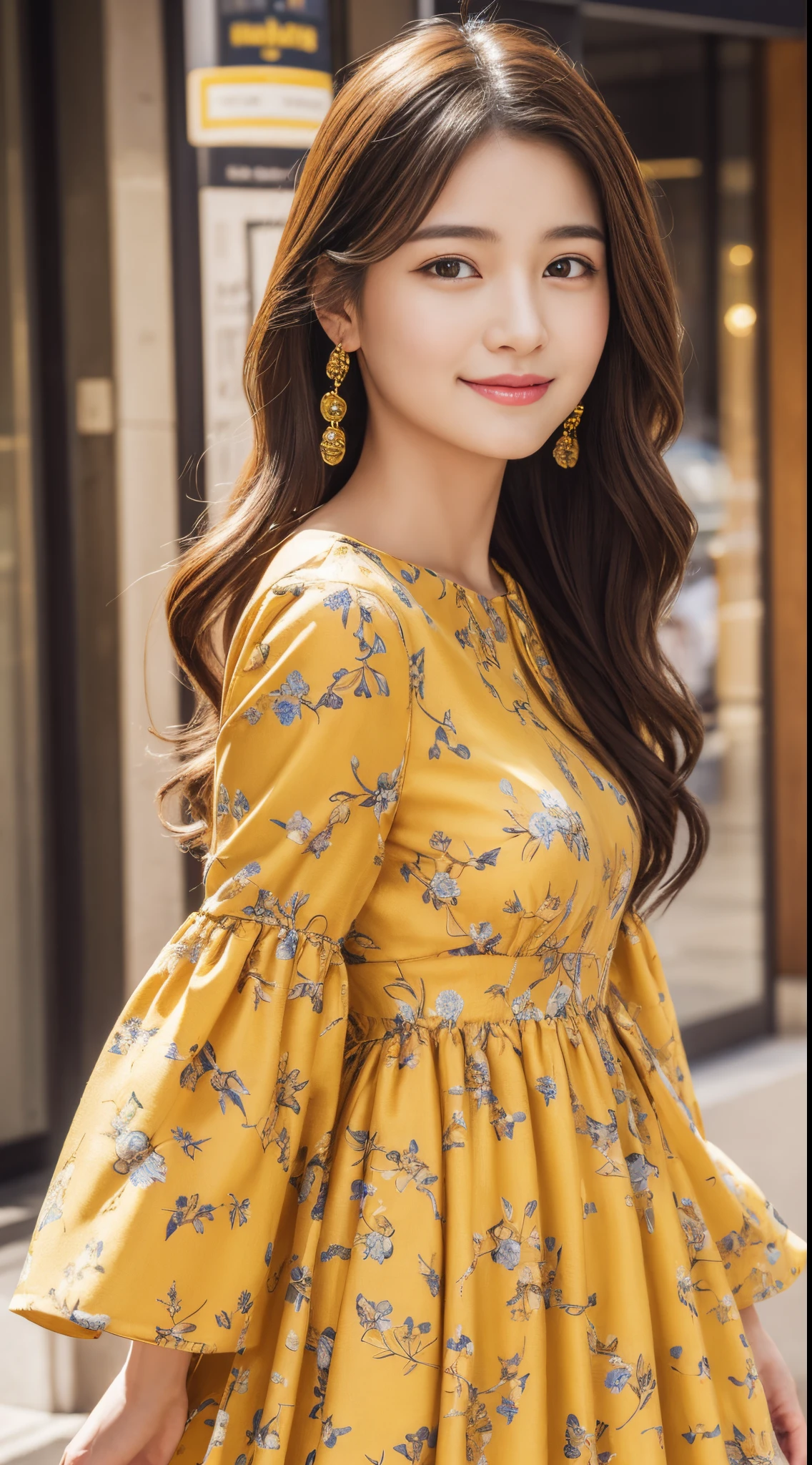 Walk the streets of the city,One lady、 Bandeau Dress, Wearing long gorgeous clothes, She is wearing a long dress with a yellow floral pattern., shopping, In the city, highly detailed beautiful girl, Highly detailed face, Highly detailed eyes, highly detailedskin, extremely detailed fingers, highly detailed nose, very detailed detailed mouth、smil