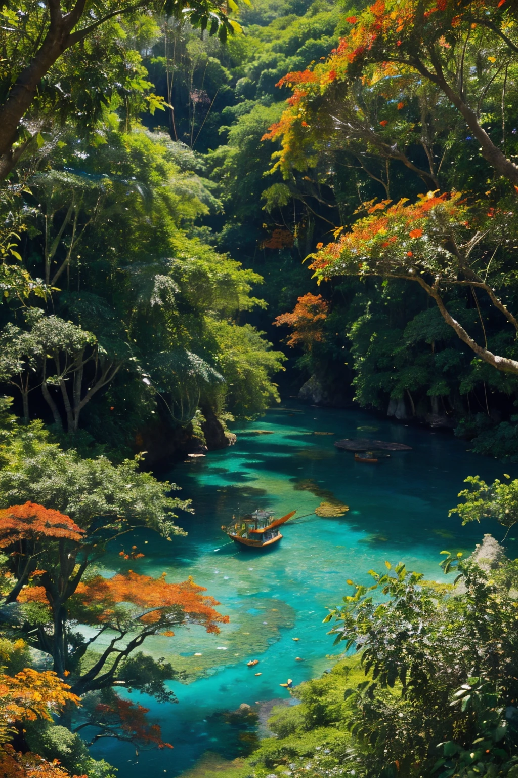 a fantasy jungle painted in a kaleidoscope of colors. From your bird's-eye perspective, describe the lush expanse below, where emerald green treetops mingle with sapphire-blue rivers, and fiery orange blossoms burst forth like flames amidst the jade foliage.