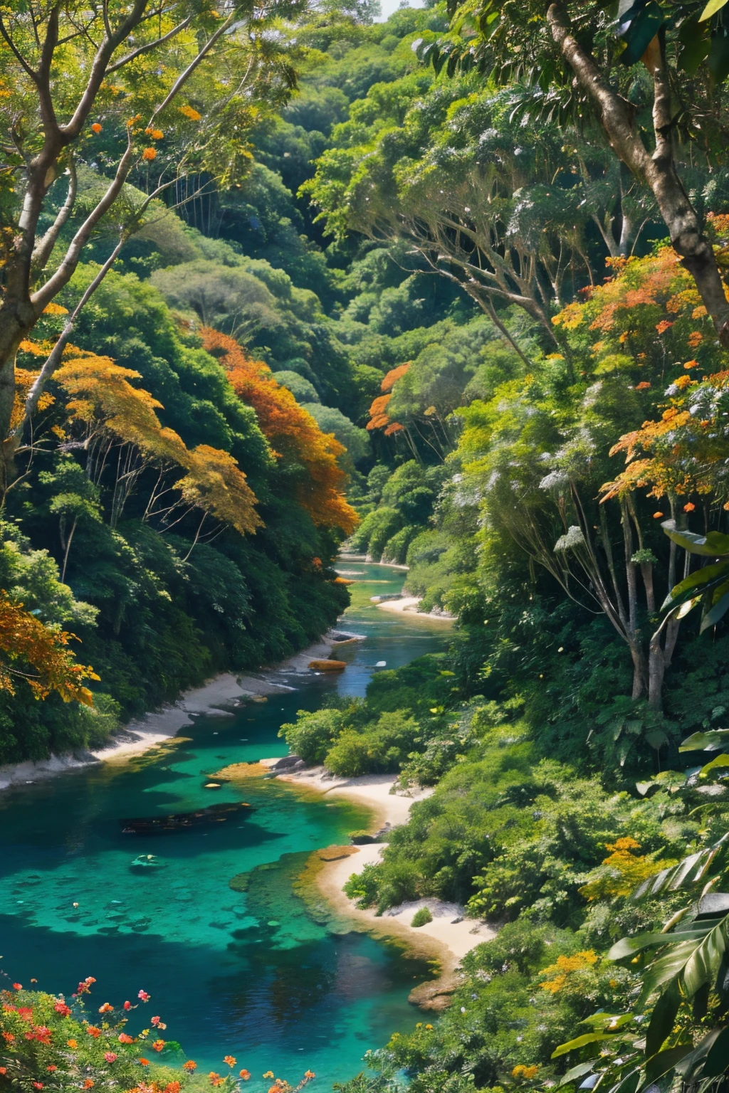 a fantasy jungle painted in a kaleidoscope of colors. From your bird's-eye perspective, describe the lush expanse below, where emerald green treetops mingle with sapphire-blue rivers, and fiery orange blossoms burst forth like flames amidst the jade foliage.