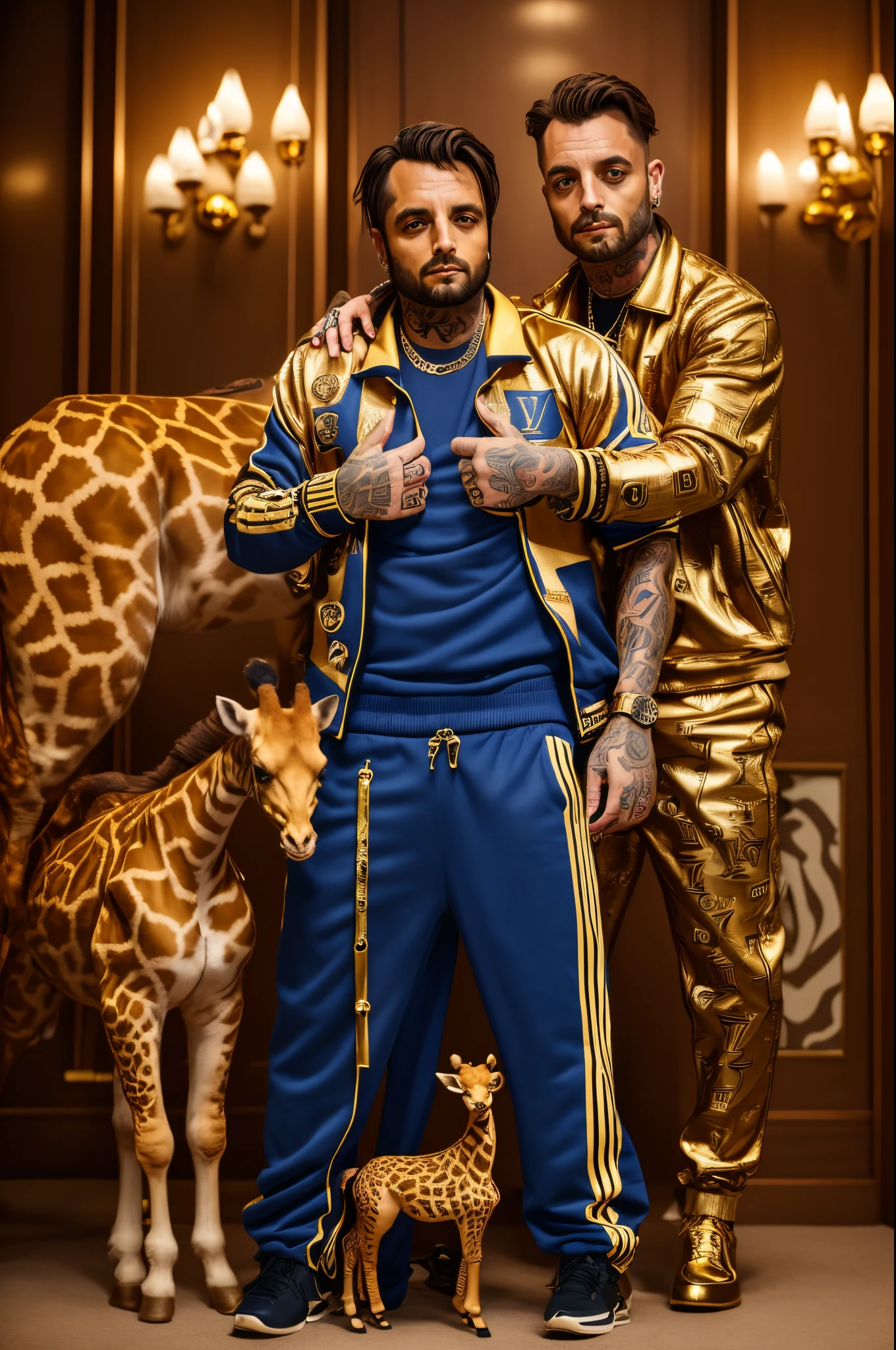 a man in a louis vuitton track suit wearing alot of gold rings, tattoos on hands and neck. next to the man is a miniature giraffe that is the size of a larg dog wearing a gold collar. hd 4k, 8k, realistic,