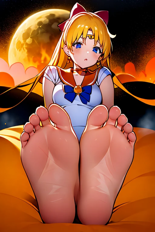 YOUNG GIRL, WAIST-LONG BLONDE HAIR, SENSHI SAILOR UNIFORM, ORANGE SKIRT, ELBOW GLOVES, TIARA, ORANGE SAILOR NECK, RED BOW, ORANGE CHOKER, WHITE GLOVES, JEWELRY; SMALL ORANGE CIRCLE SHAPED EARRINGS IN HER EARS, BIG YELLOWISH FULL MOON BEHIND HER, showing the soles of her feet, dirty feet, sweaty feet, bad smell, steaming feet, the soles of her feet rest on a large stuffed animal in white cat shape with a moon on the forehead, perfect foot anatomy, five toes on each foot, Sailor Venus, anime