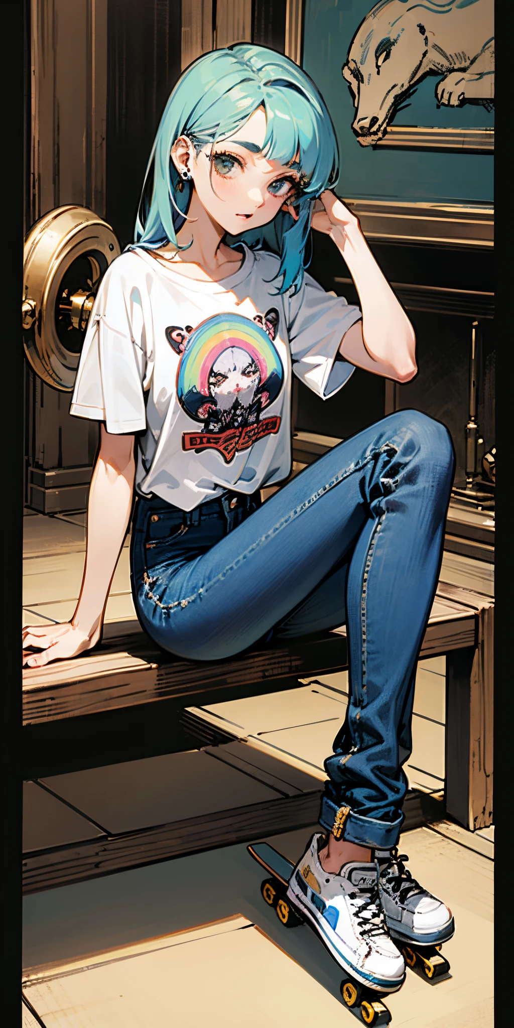 A garota de skate mais bonita e sexy, Rainbowsfarbenes Cabelo cacheados, Olhos pretos, Use um capuz, graphic tee, Jeans skinny rasgados e equipamentos de skate altamente detalhados, Toneladas de tatuagens e piercings, Antecedentes altamente detalhados, Obra-prima perfeita, alta qualidade, high resolution