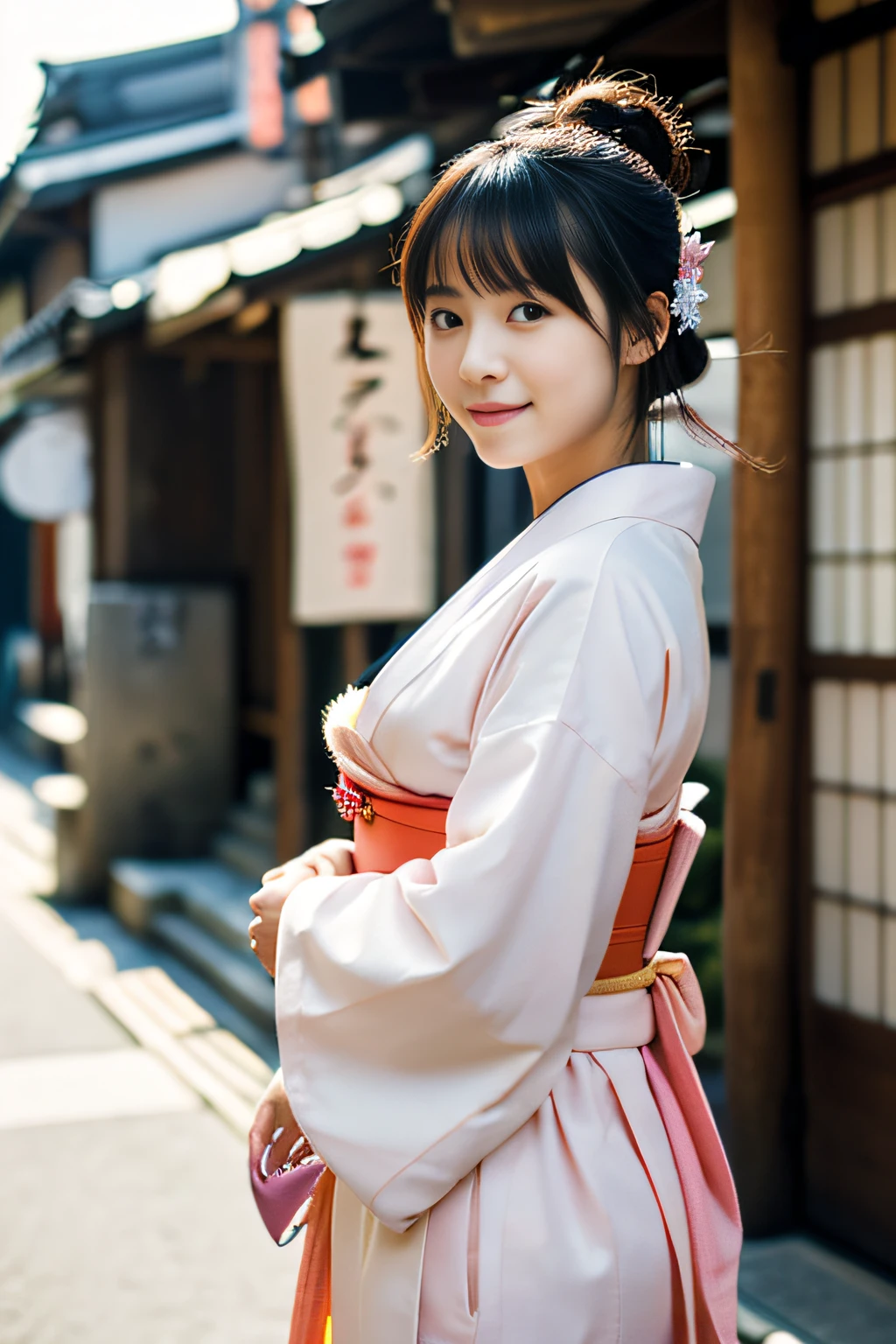 ((1 japanese teenage girl)), Ethereal beautiful, slim, Petite, Soft light, ((David Hamilton Style)), closeup picture, masutepiece, Best Quality, Photorealsitic, 8K, High resolution, Detailed skin, 8K UHD, Digital SLR, Soft lighting, High quality, Film grain, FUJI XT3, Full body, In the Kyoto city, standing, Photo from the waist up、(wearing cute and short Japanese_KIMONO), smile, (The background is Kyoto_street), ((Both face and body are facing the viewer:1.4))、(Kimono falls to the waist)、 ((The kimono is taken off.:1.2))、(Underwear is visible:1.2)、