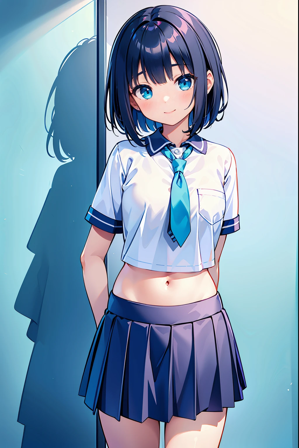 a  girl，18yr old，facing at the camera，ssmile，Bigchest，with short black hair，hair flowing，Turquoise blue eyes，JK super short white school uniform，Blue miniskirt，revealing her belly，facing at camera，are standing，detailed finger，back to white wall