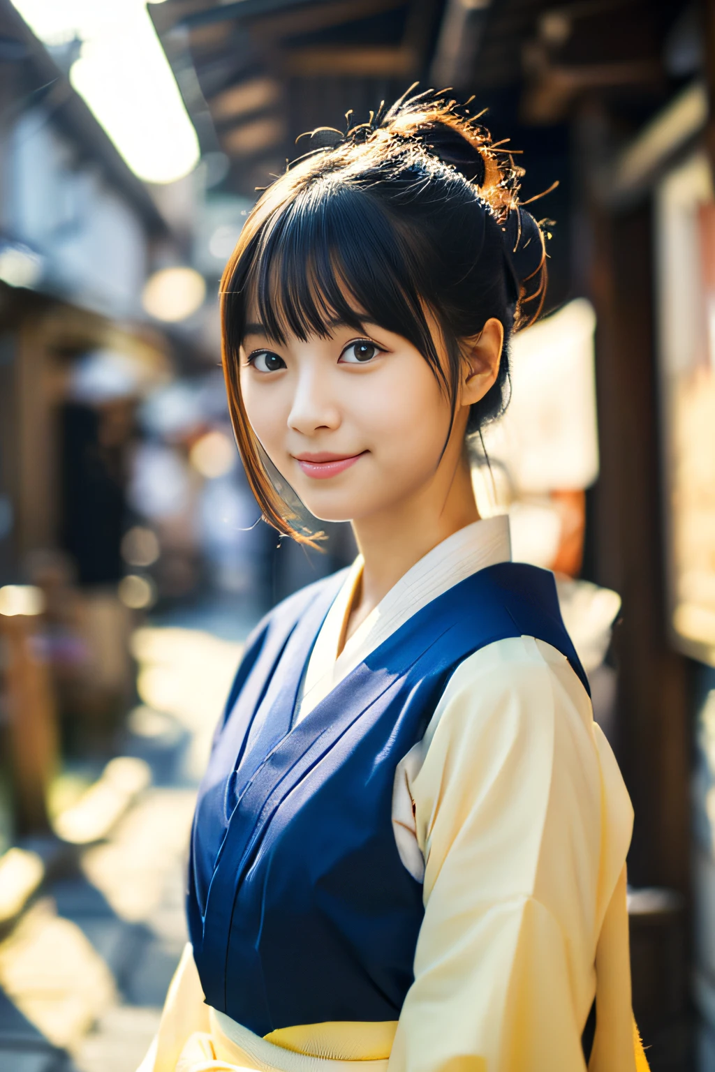 tsuyuridef, standing, upper body, smile, blush, outdoors, day, simple background, blue sky, sky, temple, looking at viewer, moody lighting, facing viewer,look at viewer