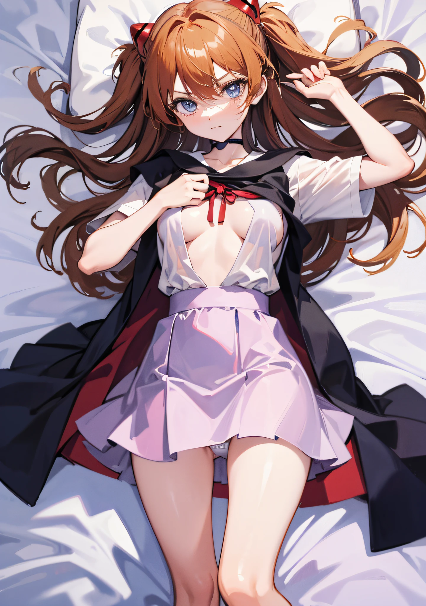 Asuka Langley Soryu,Blue eyes,hair between eye,headware,Interface headset,Orange hair,Red Ribbon、bow ribbon、校服、skirt by the、Slip Dress、Slip Dress、Tokyo No. 3 School Uniforms、Show your pants、、Anime girl lying in bed, Seductive Anime Girl、 Detailed Digital Anime Art, ig model | ArtGerm, clean detailed anime art、Show off panties、erectile nipple、look from down、(Lifting skirt、I can see panties:1.2)、thighs thighs thighs thighs、(Navel Ejection:0.4)、dynamicposes、