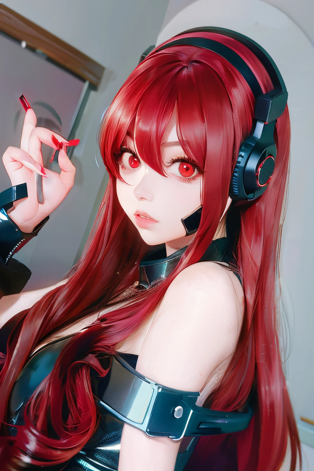 girl with long red hair, red eyes, futuristic vibes, mask on mouth, headphones, 8k, high quality, simple background, glowing eyes, nice pose