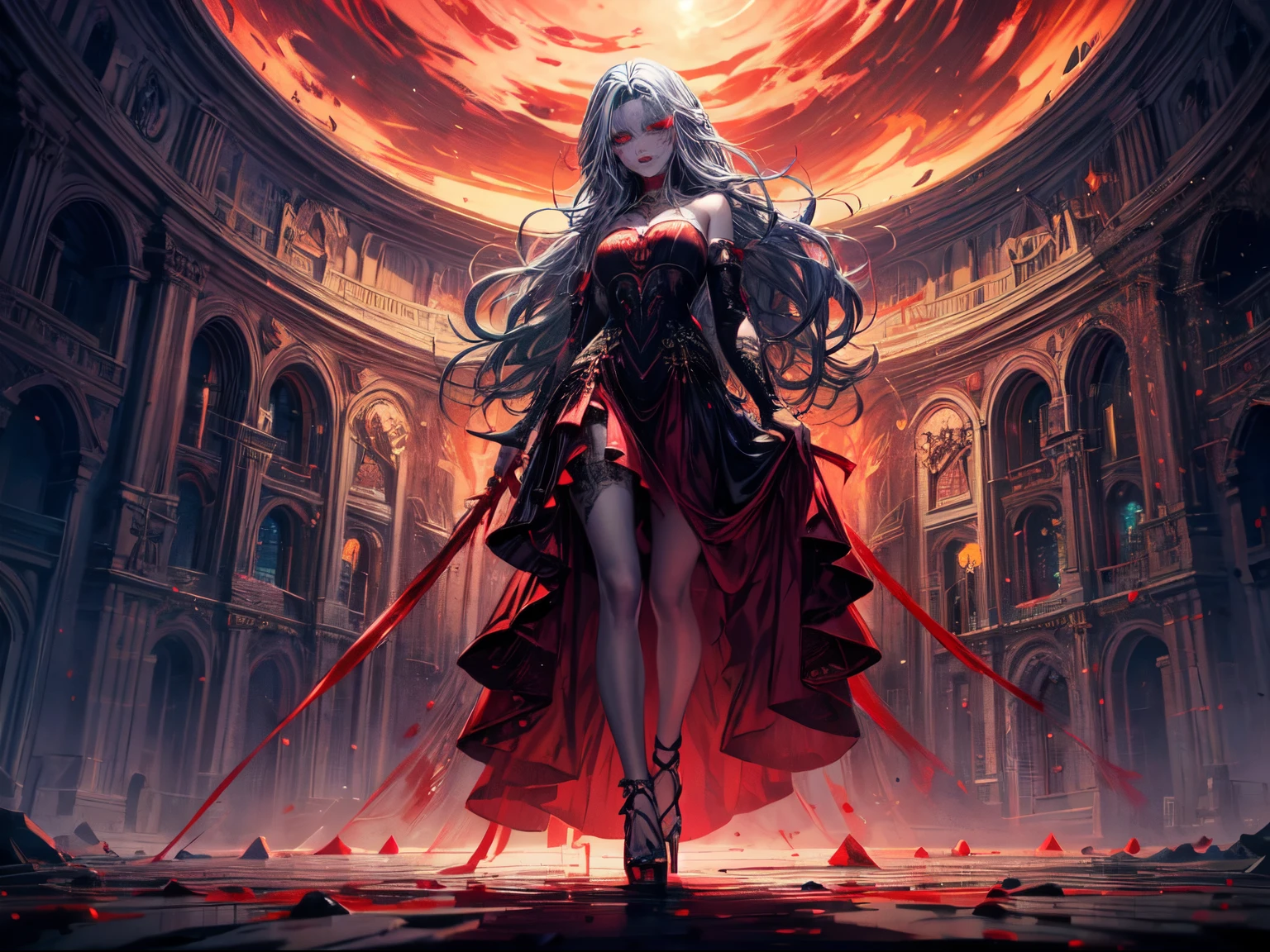 fantasy art, RPG art, photograph, RAW, (Ultra detailed: 1.5), Best Detailed, picture of a female vampire standing in St. Peter in the Vatican, an exquisute beautiful female vampire, full body, (best detailed face: 1.2), (grey skin: 1.2), red lips, (vampiric fangs1:1) (blood veins visible: 1.3), ultra feminie, blond hair, long hair, rich, flowing hair,wavy hair, red glowing eyes, wearing short dress, silk dress, intricate detaled dress, high heels, standing in St. Peter square in Vatican city, at night, full moon, stars in the sky, St. Peter square background, best quality, (extremely detailed), ultra wide shot, photorealism, depth of field, hyper realistic, 2.5 rendering,