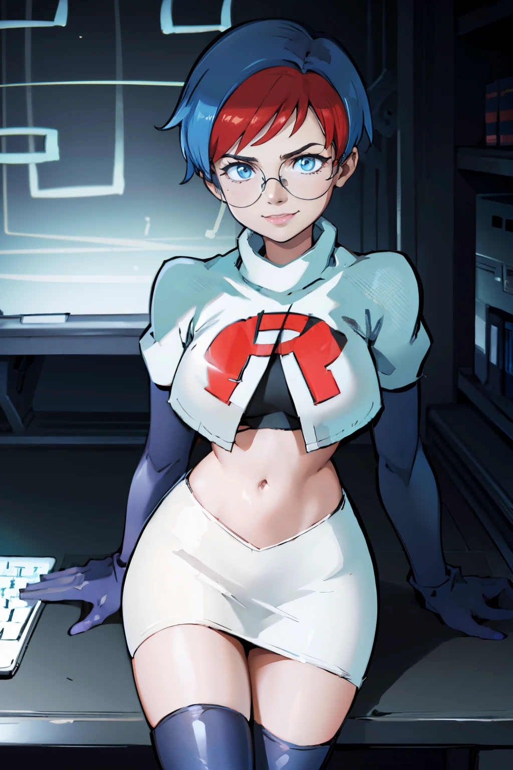 Penny,glasses,team rocket,team rocket uniform,red letter R,white skirt,white crop top,black thigh-high boots,black elbow gloves,evil smile,sitting in front of a computer,hacking,(best quality:1.2),ultra-detailed,realistic:1.37,portrait,vivid colors,warm tones,studio lighting,sharp focus,keyboard,monitor,tangled cables,complicated code,reflection on glasses,smoky background