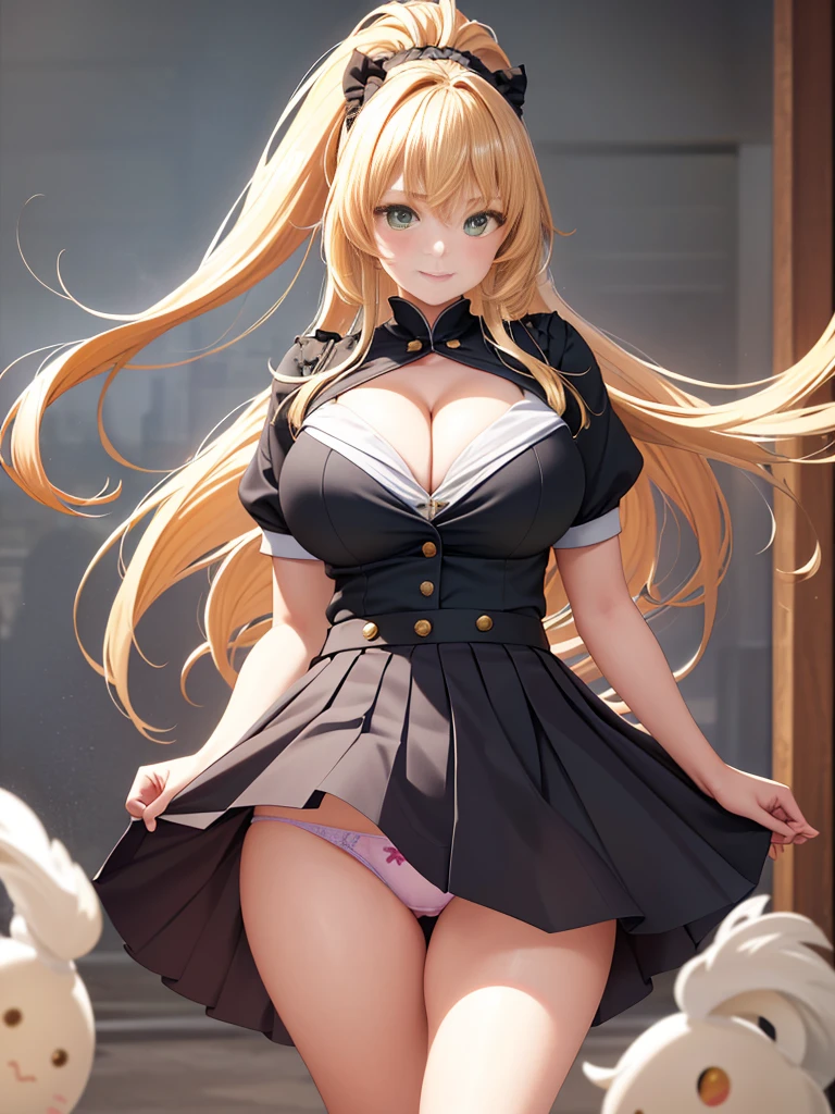 Masterpiece, Best Quality, Official Art, (Highly Detailed CG Unity 8k wallpaper), Detailed background, (Hands by Guido Daniele: 1.1), Feet out of frame, First Person View, 1, Attractive and perfect beautiful woman, Schoolgirl, JK, Schoolgirl uniform, spring, cherry, wind blowing, (((Flipping skirt, panties visible))), ( Curvaceous), ( White thighs: 1.12), ( Blonde Long Hair: 1.12), (Ahoge: 1.13), (High Ponytail: 1.12), (Green Eyes: 1.13), Look at the Beholder, Big, (cleavage), Beautiful Face, (Blush: 1.11), (Smile: 1.11)