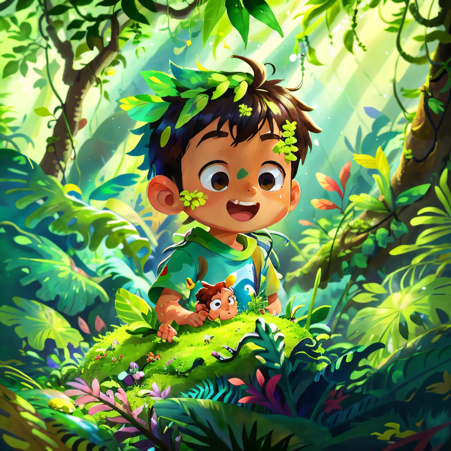 boy living in the jungle、In the forest、a plant、perfectquality、Clear focus (Clutter-Home:0.8)、(​masterpiece:1.2) (realisitic:1.2) (bokeh dof) (top-quality) (detailed skins:1.3) (intricate-detail) (8K) (Eye of Detail) (foco nítido), (Happiness)