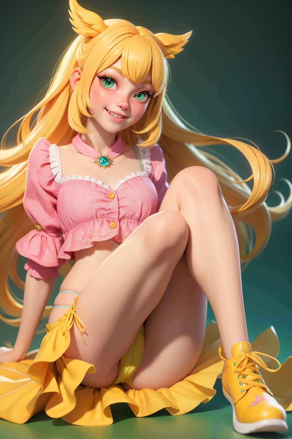 Master Parts, Best Quality, Render Jobs、。.3D Styles、。.3DMM,。.3D, 1girl in, Soio, yellow hair, hitornfreckles, jewely, sideways Facing, Realistic, full length, Clear and simple background, yellow fringe, looking at away, The long-haired, Separated lips, green colored eyes, gargantilha, makeup, Smiling wearing pink clothes, Beautiful teeth, Yellow shoes、wearing lace panties、beginning々Shishi Body、(life-likeオマンコ)、(((Very realistic panties)))、(((I can see panties)))