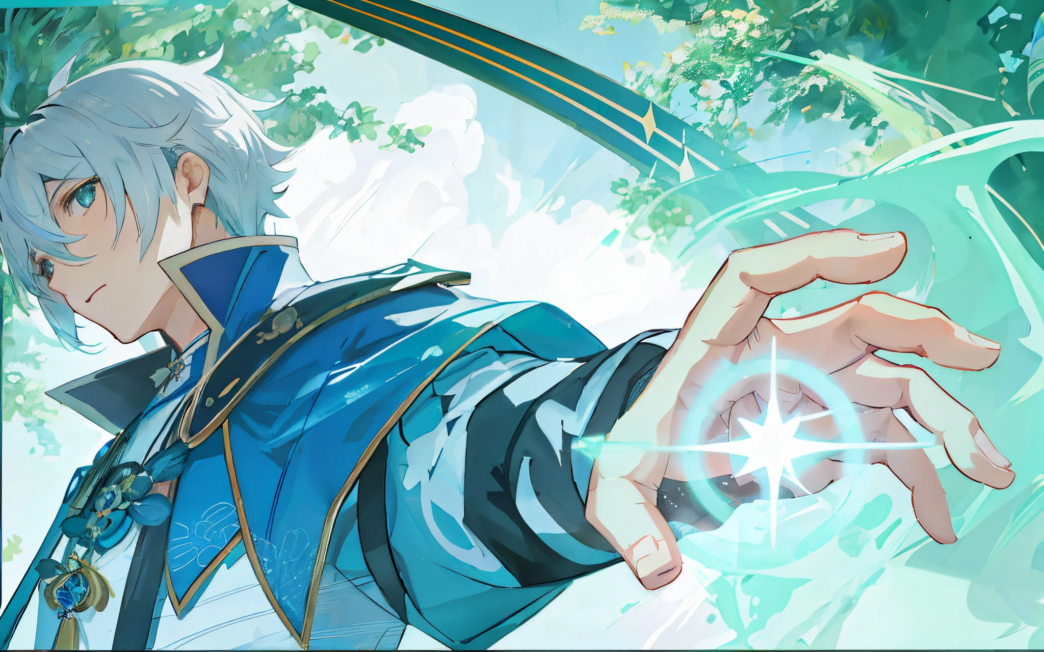 personagem de anime com jaqueta azul e cabelo branco segurando uma bola de cristal, Keqing de Genshin Impact, Personagem Genshin Impact, Impacto Genshin, estilo de impacto Genshin, Genshin, Zhongli, Genshin Impact, arte detalhada onmyoji, arte chave detalhada do anime, videogame Impacto Genshin, casimiro arte, arte completa, olhos detalhados, muitos detalhes nos olhos, cilios grandes, olhos com brilho, olhos roxo