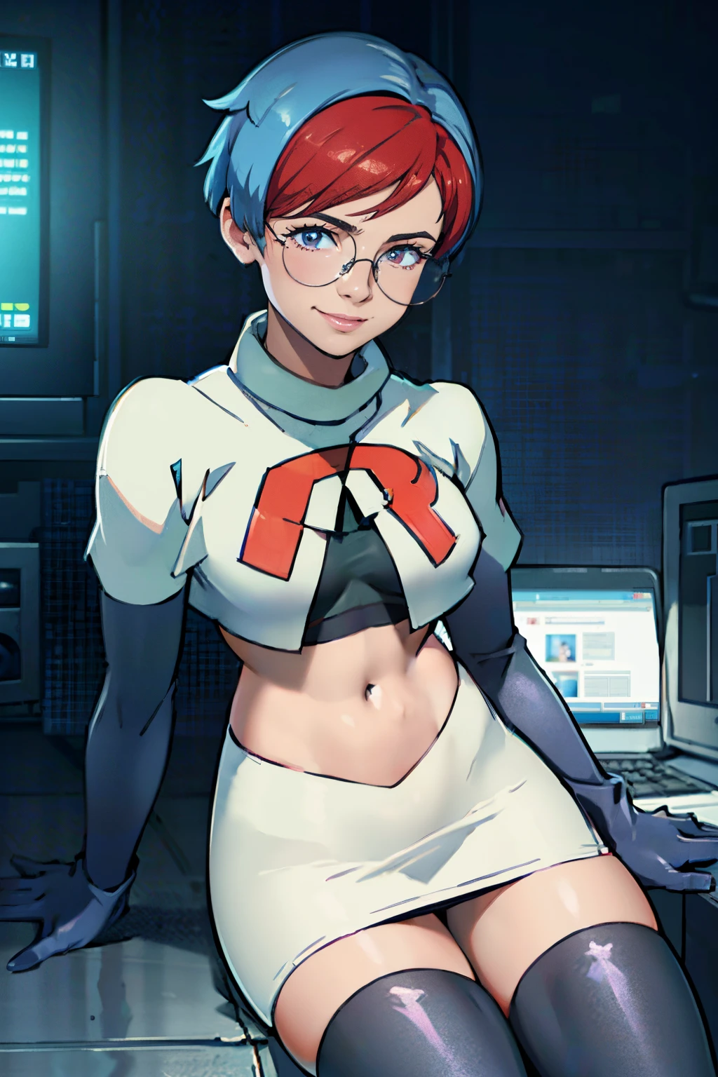 Penny, glasses, team rocket, team rocket uniform, red letter R, white skirt, white crop top, black thigh-high boots, black elbow gloves, evil smile, sitting in front of a computer, hacking
(most important,medium), Penny(hacker:1.1), wearing glasses, is sitting in front of a computer, wearing a Team Rocket uniform with a red letter R on it. She is wearing a white skirt and a white crop top. She completes her look with black thigh-high boots and black elbow gloves. Penny has an evil smile on her face as she is hacking into a computer system.
(best quality,4k,8k,highres,masterpiece:1.2),ultra-detailed,(realistic,photorealistic,photo-realistic:1.37),HDR,UHD,studio lighting,extreme detail description,vivid colors,portraits