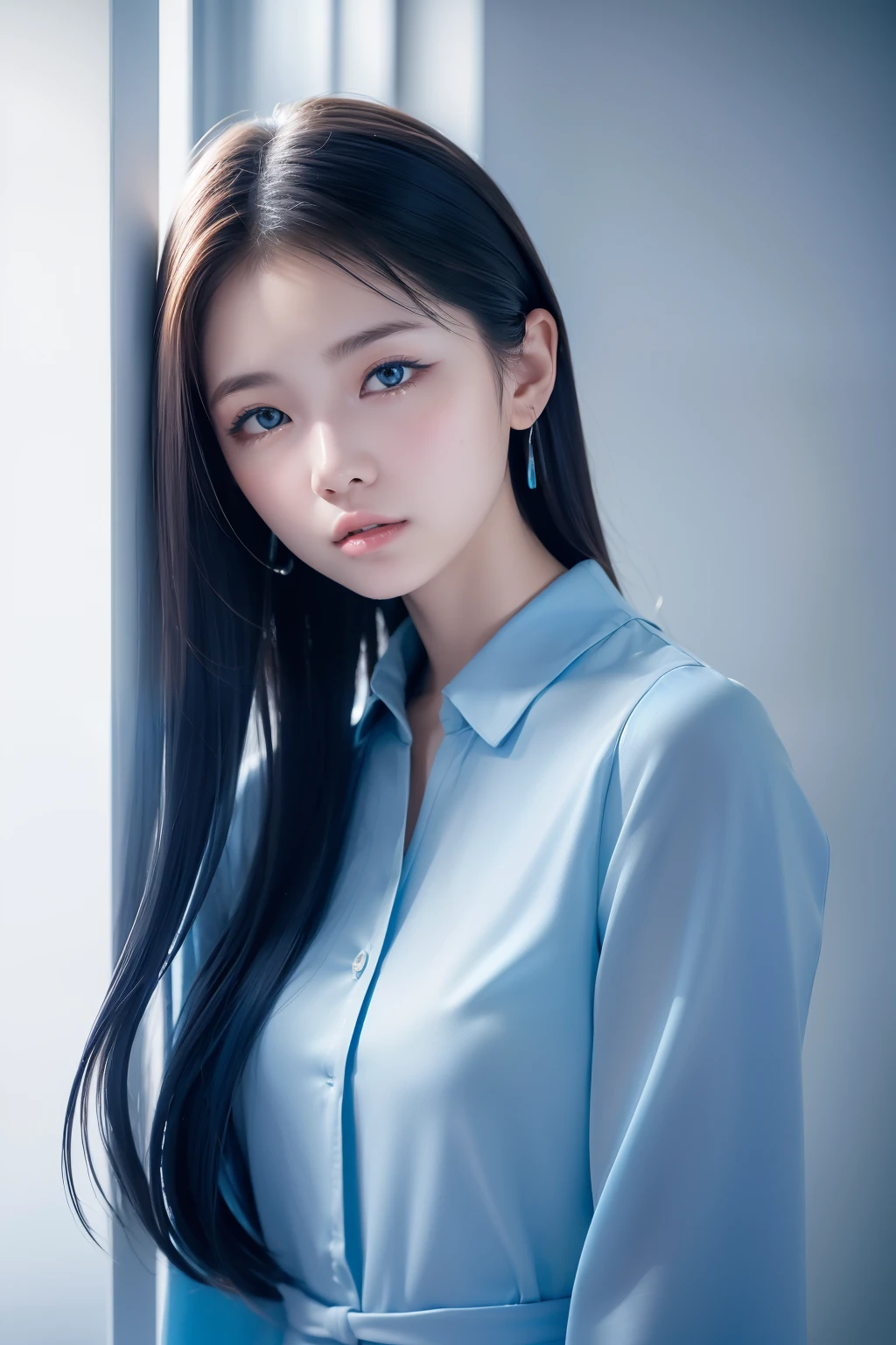 (((horizon blue world:1.3)))、Best Quality, masutepiece, High resolution, (((1girl in))), sixteen years old,(((eye horizon blue:1.3)))、horizon blue dress、((horizon blue shirt:1.3、horizon blue color block dress)), Tindall Effect, Realistic, Shadow Studio,Ultramarine Lighting, dual-tone lighting, (High Detail Skins: 1.2)、Pale colored lighting、Dark lighting、 Digital SLR, Photo, High resolution, 4K, 8K, Background blur,Fade out beautifully、horizon blue world