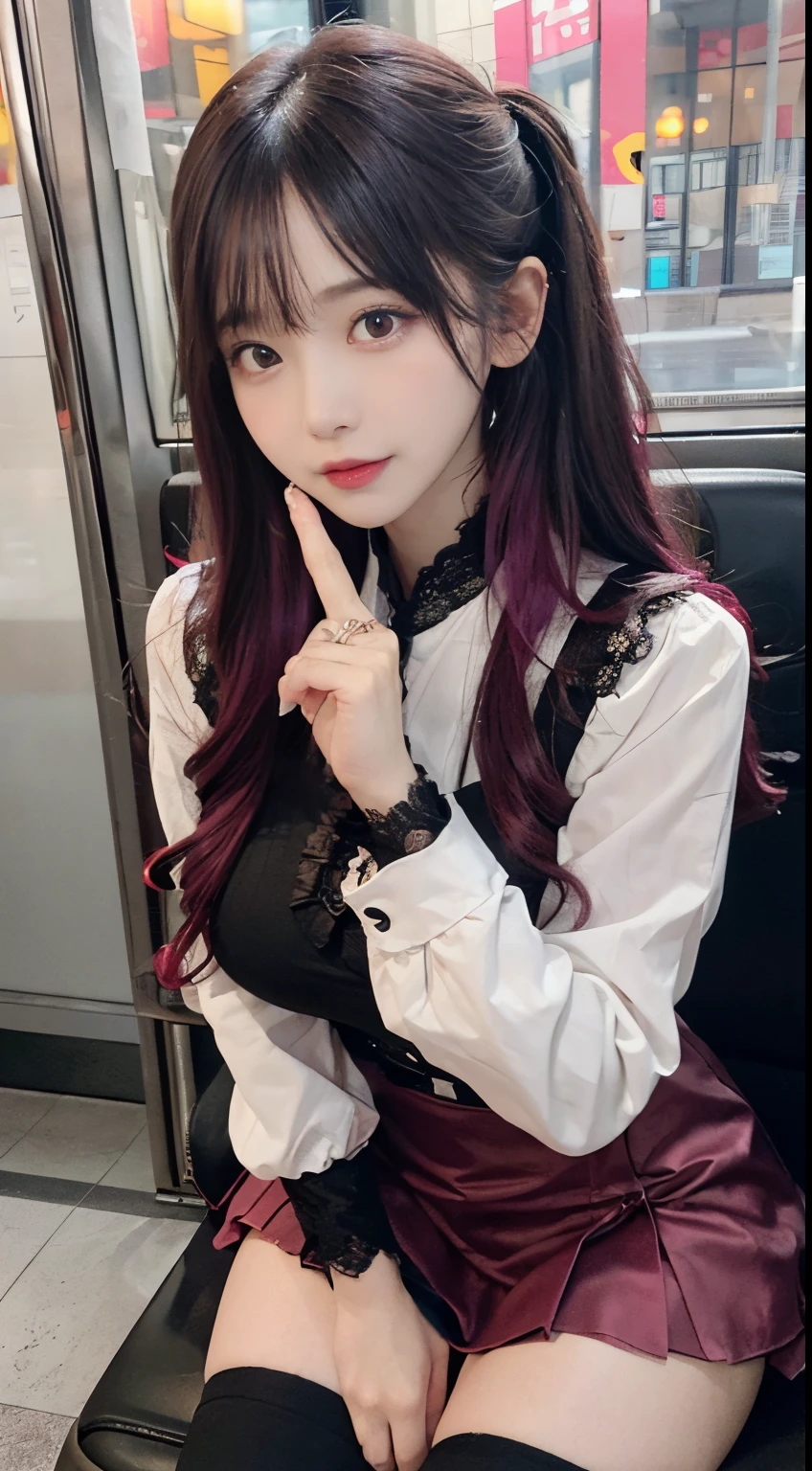 Korean Beauty，Sitting on the train，（（（tmasterpiece）））， （（best qualtiy））， （（intricate detailes））， （（Ultra-realistic realism））， Ridiculous resolution， A MILF， Mature Woman， ighly detailed， illustratio， 1girll，（（Large breasts））， perfect hand， Detailed finger， Beautiful detailed eyes， Lowered twin tails， Colored inner hair， Very long black hair, Very bright pink hair， with brown eye， Name badge， （ Korean style long sleeve dark pink ruffle lace up pleated skirt， Black knee-high socks:2.2），detailedbackground， perfect  eyes， mesmerizing eyes，Slightly open mouth, ((1 fragile girl:1.2))