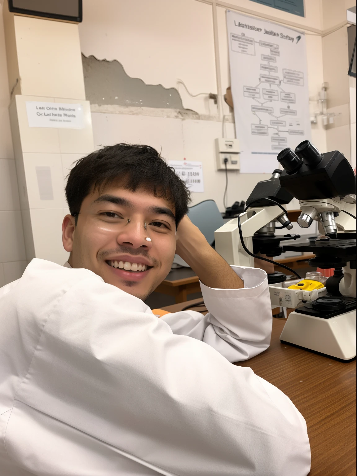 there is a man sitting at a table with a microscope, in laboratory, in a lab, sitting on a lab table, foxish guy in a lab coat, wearing lab coat, john jude palencar, in a laboratory, stood in a lab, picture, wearing lab coat and glasses, wearing a lab coat, with a lab coat, medical laboratory