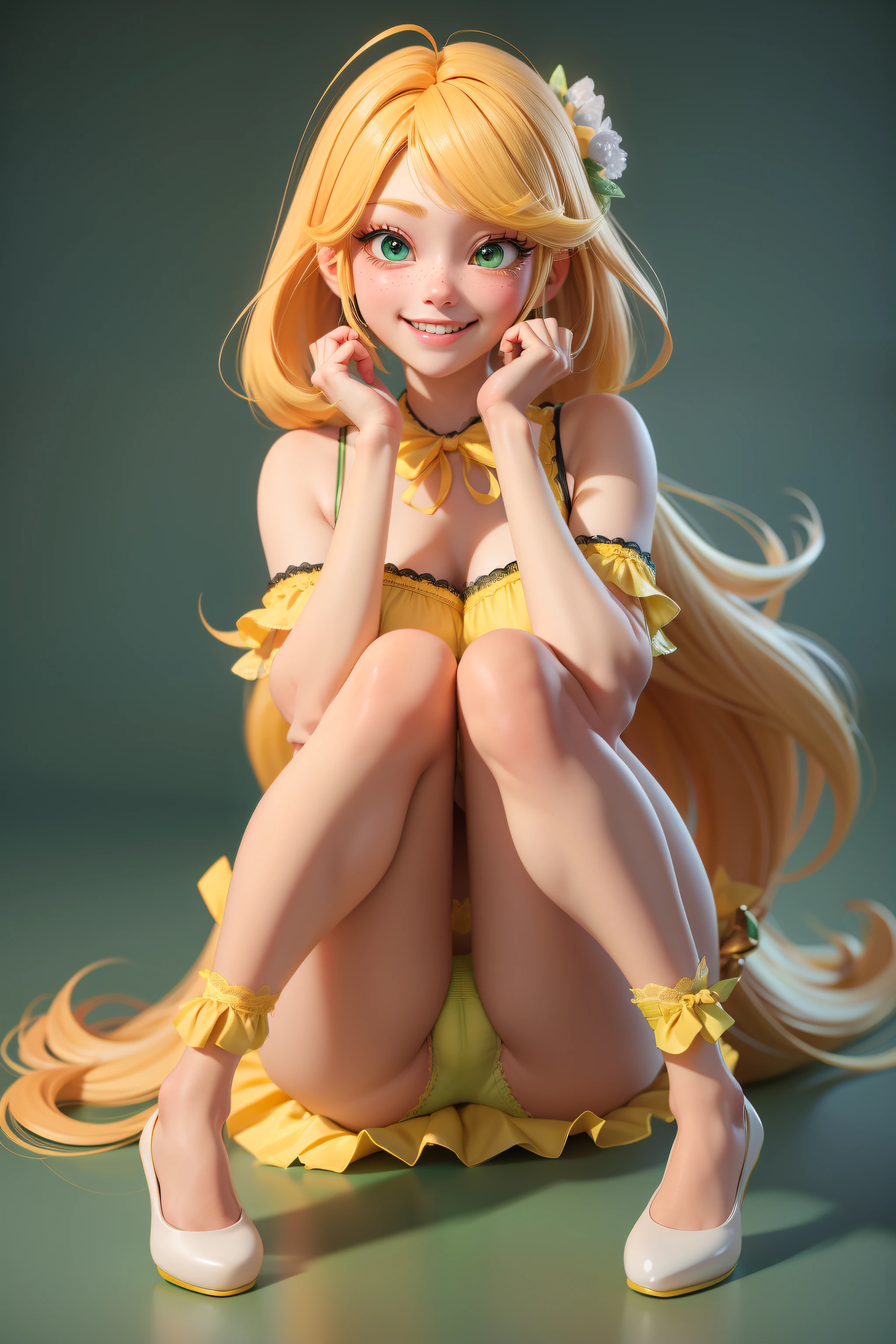 Master Parts, Best Quality, Render Jobs、。.3D Styles、。.3DMM,。.3D, 1girl in, Soio, yellow hair, hitornfreckles, jewely, sideways Facing, Realistic, full length, Clear and simple background, yellow fringe, looking at away, The long-haired, Separated lips, green colored eyes, gargantilha, makeup, Smiling wearing pink clothes, Beautiful teeth, Yellow shoes、wearing lace panties、beginning々Shishi Body、(life-likeオマンコ)、(((Very realistic panties)))、(((I can see panties)))