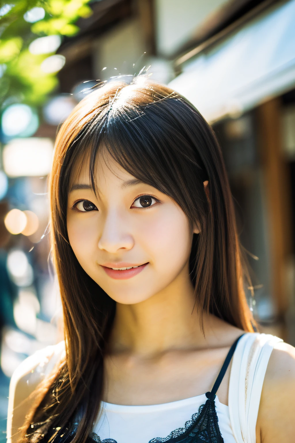 ((1 japanese  girl)), Ethereal beautiful, slim, Petite, Soft light, ((David Hamilton Style)), closeup picture, masutepiece, Best Quality, Photorealsitic, 8K, High resolution, Detailed skin, 8K UHD, Digital SLR, Soft lighting, High quality, Film grain, FUJI XT3, Full body, In the Kyoto city, standing,　Photo from the waist up、(wearing cute and short underwear), smile, (The background is Kyoto_street), ((Both face and body are facing the viewer:1.4))、