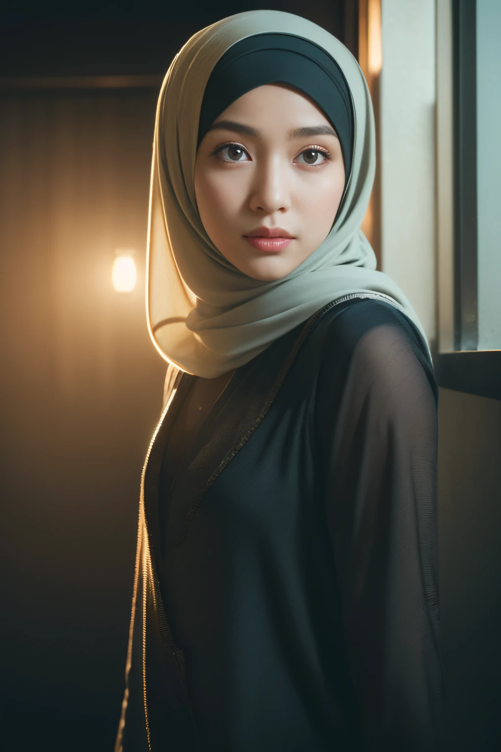 ((Realistic lighting, best qualtiy, 8K, tmasterpiece:1.3)), sharp fokus:1.2,Korean, window in the rain, wearing a hijab ,large breasts , jisoo