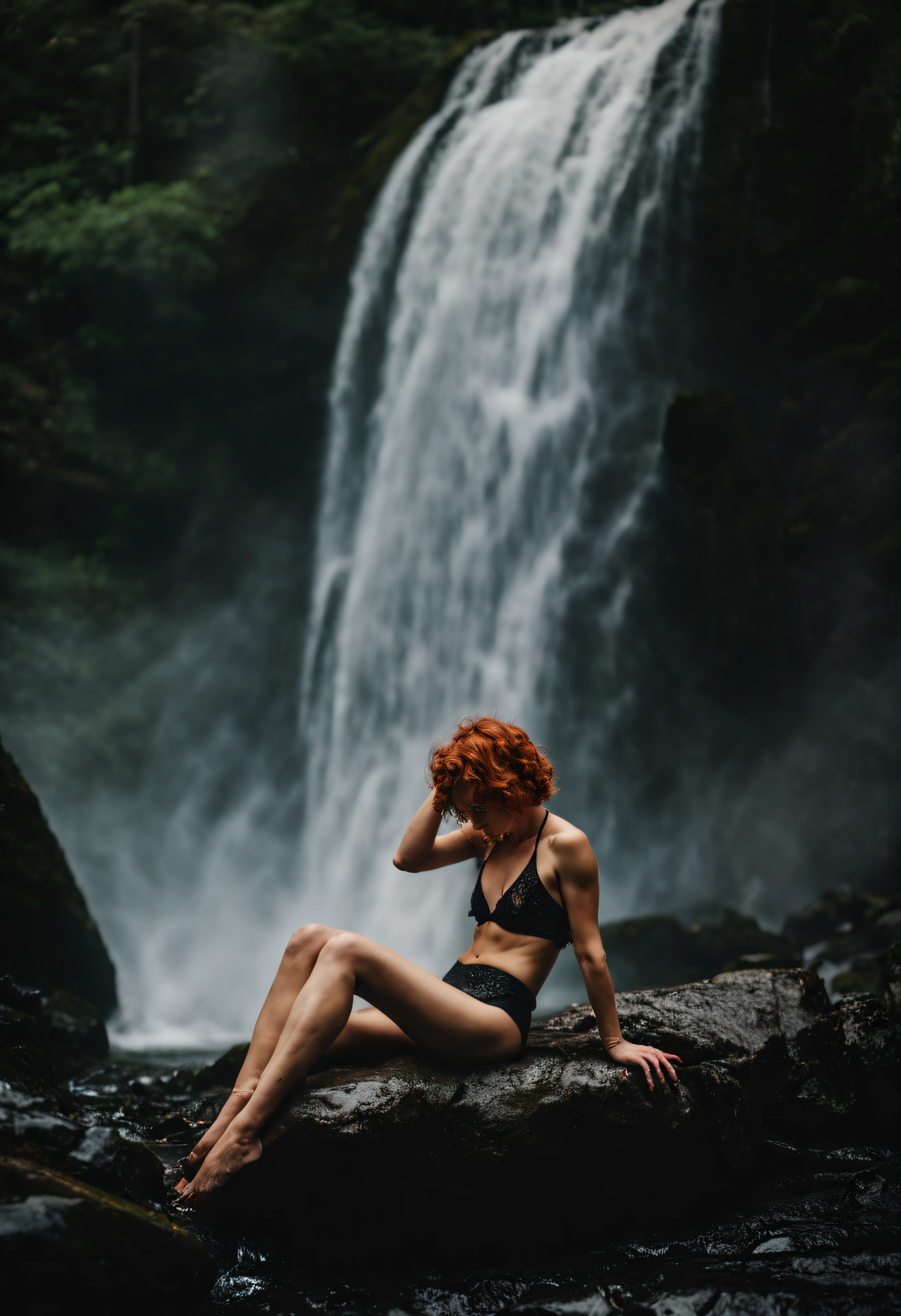 front shot,  photo of a short ginger hair girl wearing a micro bikini, lying on a shiny black rock, (under huge waterfall: 1.2),  natural skin, skin moles,(cinematic, film grain:1.1),