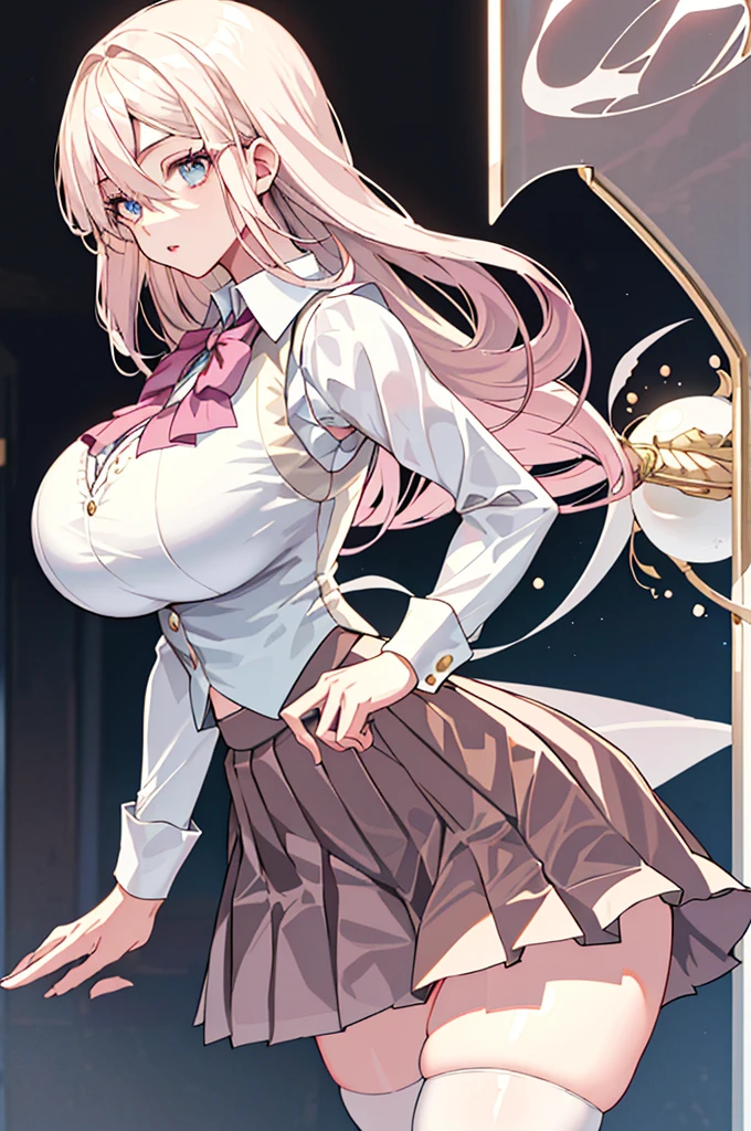 1girl, nsfw, masterpiece, best quality, slender girl with hourglass body and massive breasts, solo, pretty, cute, shy girl, ((girl wears white blouse, pink vest, brown pleated skirt, short skirt)), cleavage, sexy, girl shows enticing breasts, enticing thighs, ((platinum blond hair, long hair)), indigo eyes, detailed eyes, beautiful eyes, delicate eyes, ((hourglass body, sexy body)), correct anatomy, correct limbs, ((massive breasts, large breasts)), juicy lips, pouty lips, [detailed background (korean school, korean high school, Seoul, south korea)]