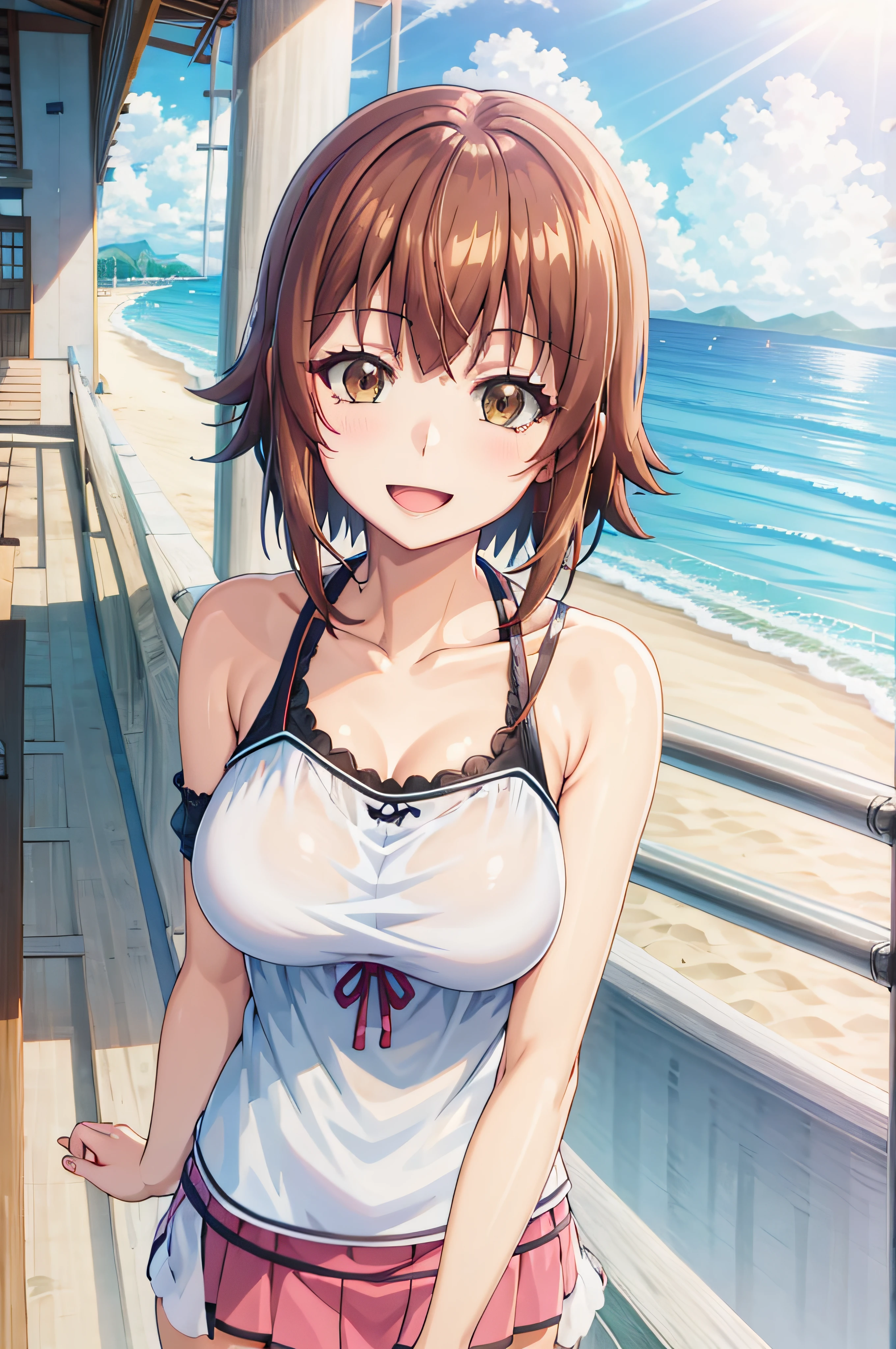 highly detailed, ocean, beach, sun rays, 1girl, solo, kotegawa nanaka, looking at viewer, slight smile, open mouth, large breasts, brown eyes, brown hair, long hair, black shirt, elbow sleeves, pink skirt, miniskirt, best quality, (masterpiece:1.2)